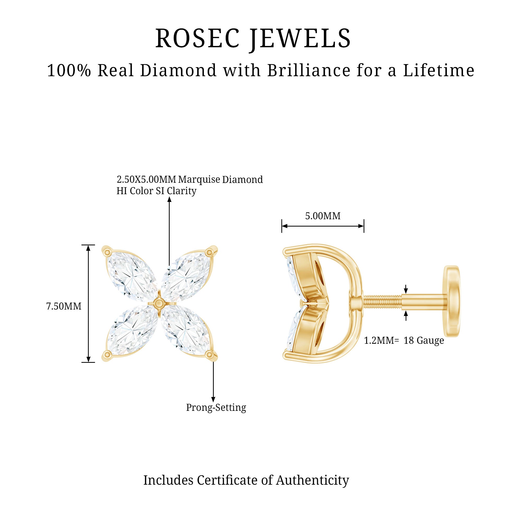 Marquise Four Petal Flower Cartilage Earring Natural - ( HI-SI ) - Rosec Jewels