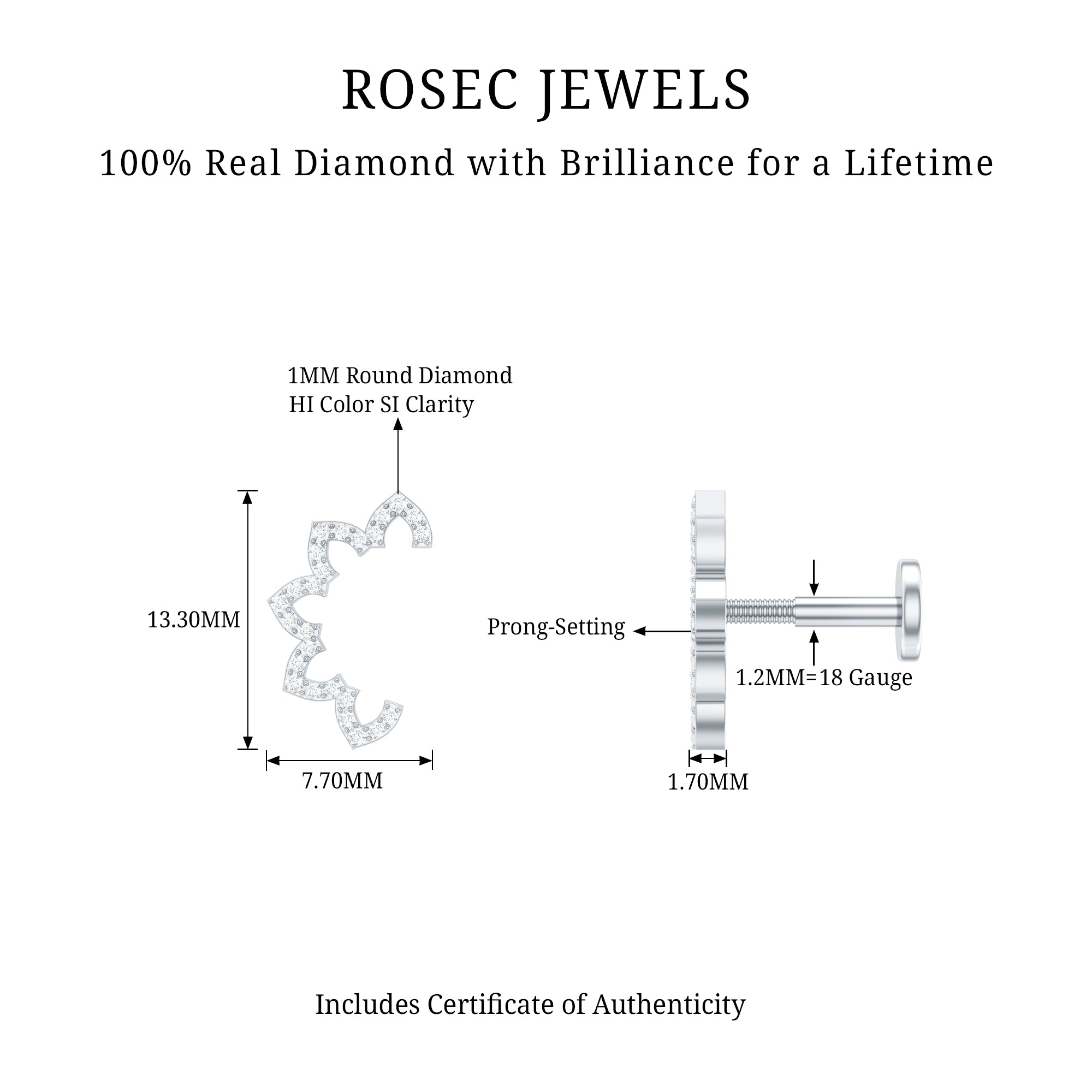 Certified Diamond Curved Floral Earring for Cartilage Piercing Natural - ( HI-SI ) - Rosec Jewels