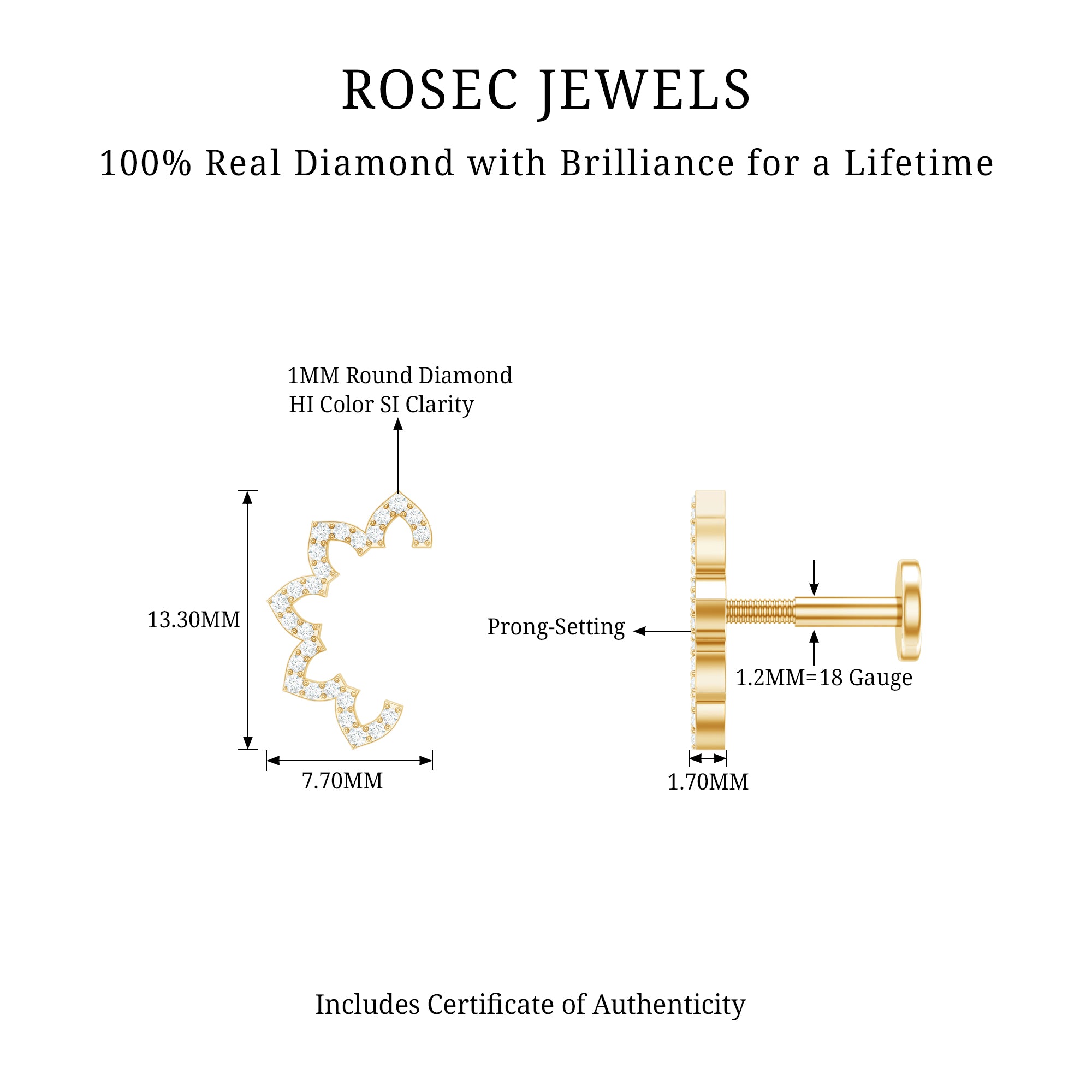 Certified Diamond Curved Floral Earring for Cartilage Piercing Natural - ( HI-SI ) - Rosec Jewels
