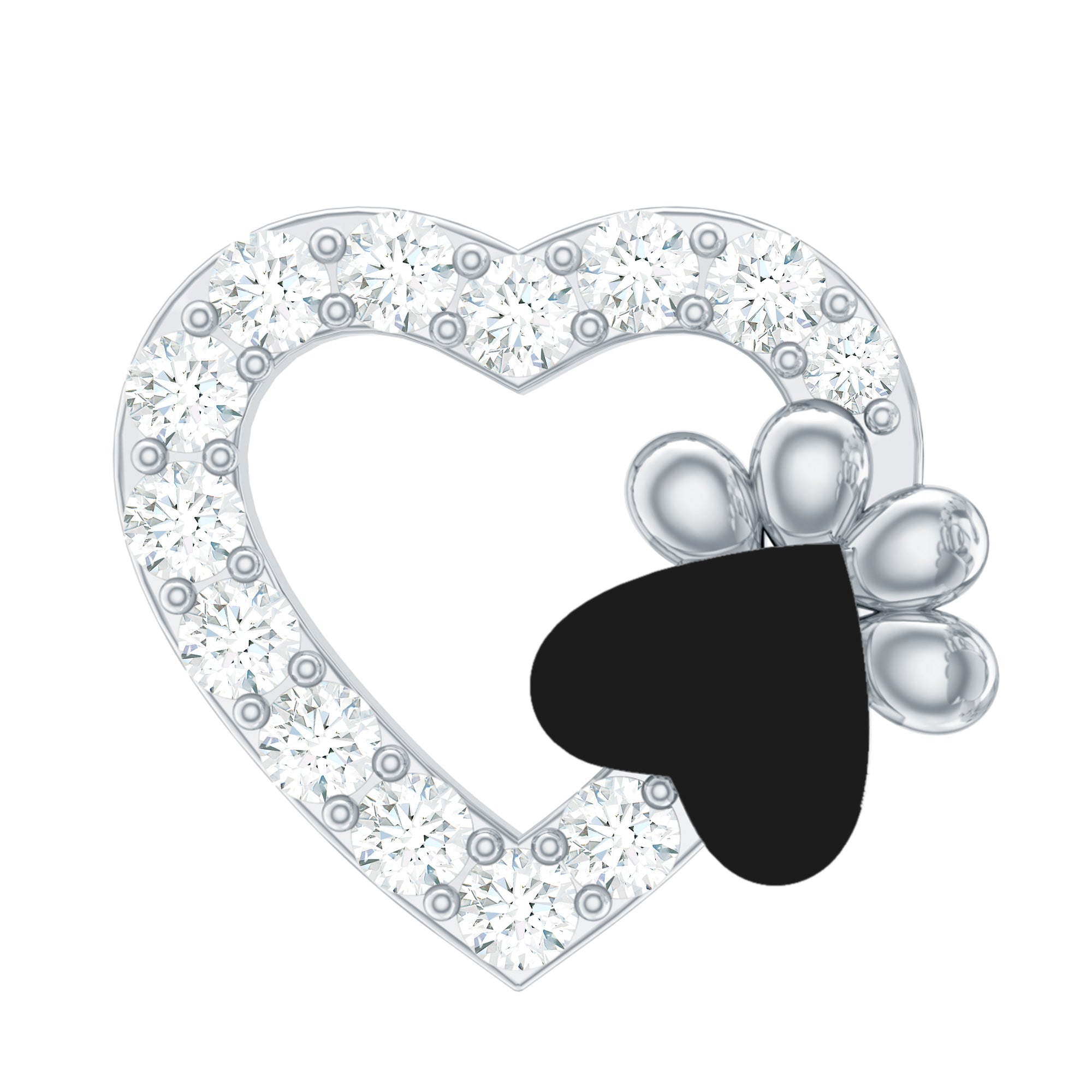 Sparkling Diamond Dog Paw Heart Earring with Black Enamel Natural - ( HI-SI ) - Rosec Jewels