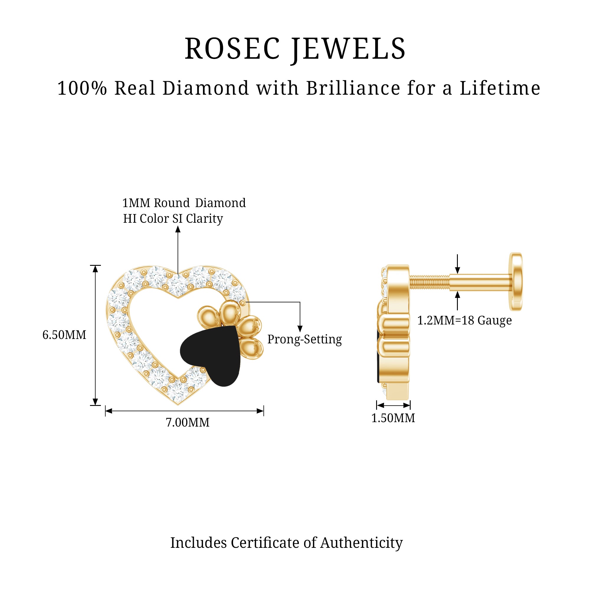 Sparkling Diamond Dog Paw Heart Earring with Black Enamel Natural - ( HI-SI ) - Rosec Jewels