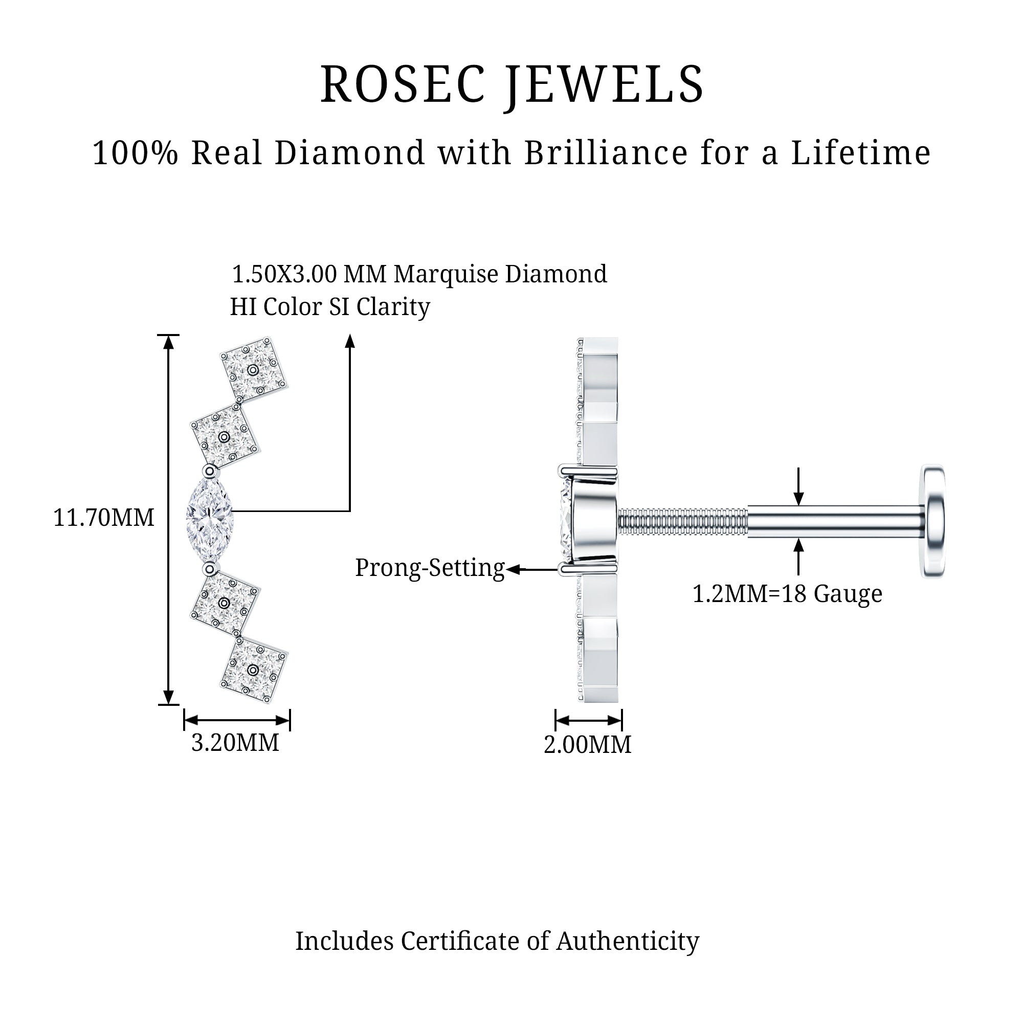 Elegant Diamond Ear Crawler Earring for Helix Piercing Natural - ( HI-SI ) - Rosec Jewels