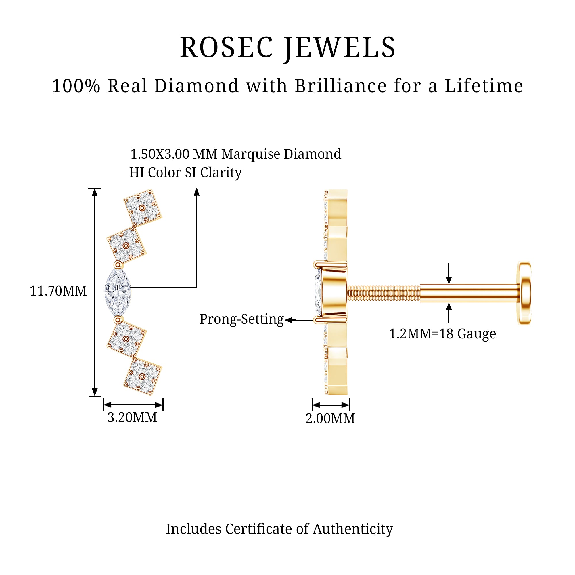 Elegant Diamond Ear Crawler Earring for Helix Piercing Natural - ( HI-SI ) - Rosec Jewels