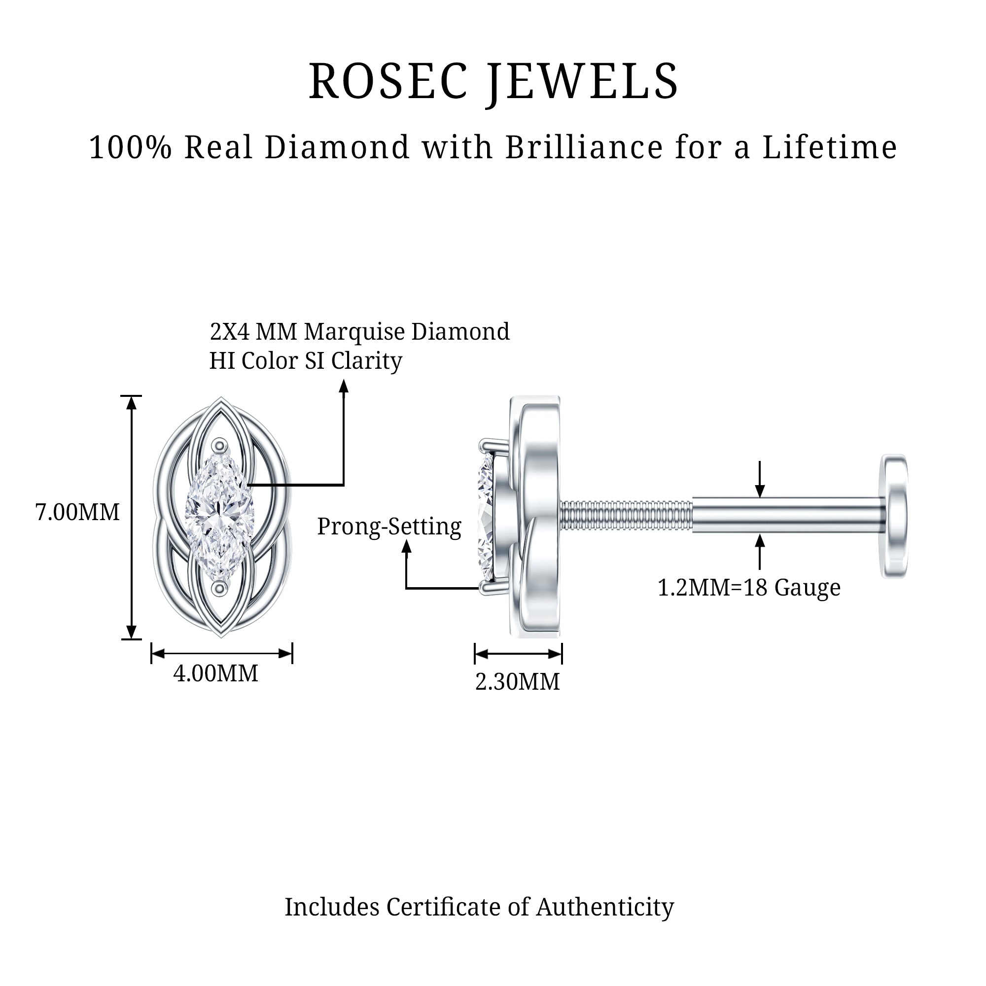Marquise Diamond Solitaire Cartilage Earring Natural - ( HI-SI ) - Rosec Jewels