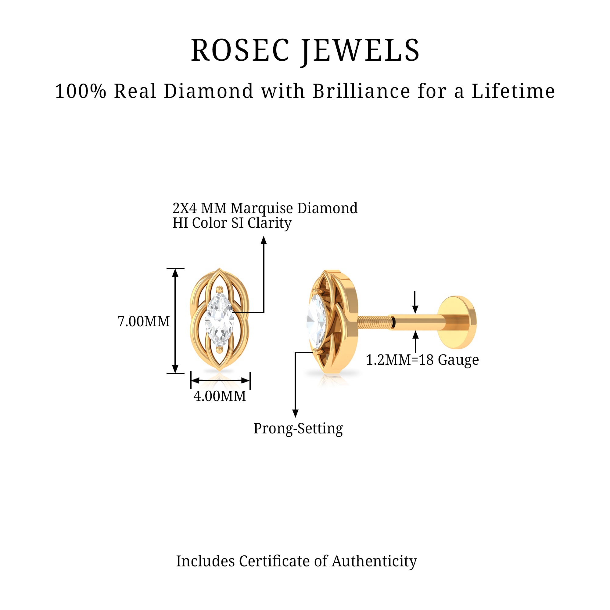 Marquise Diamond Solitaire Cartilage Earring Natural - ( HI-SI ) - Rosec Jewels