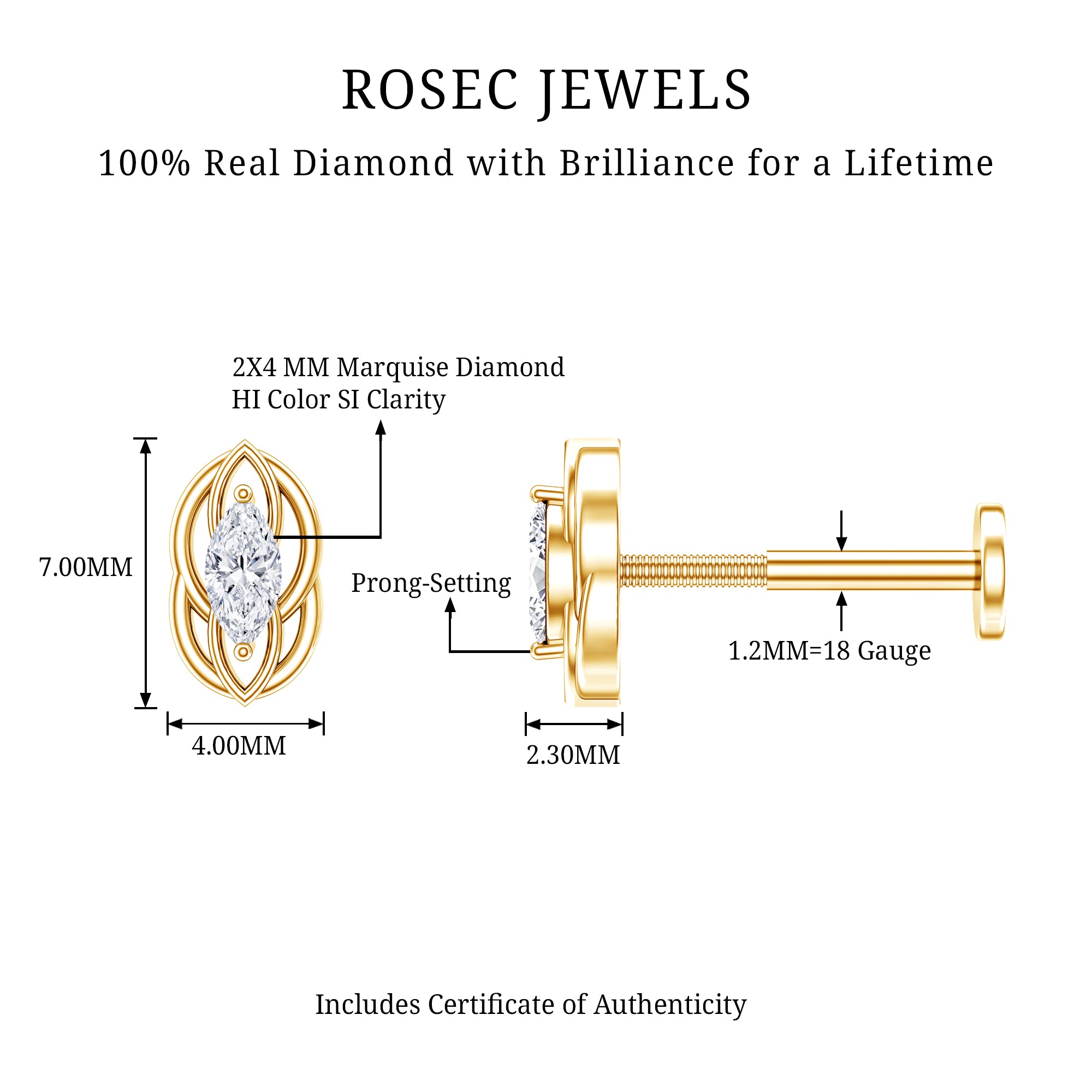 Marquise Diamond Solitaire Cartilage Earring Natural - ( HI-SI ) - Rosec Jewels