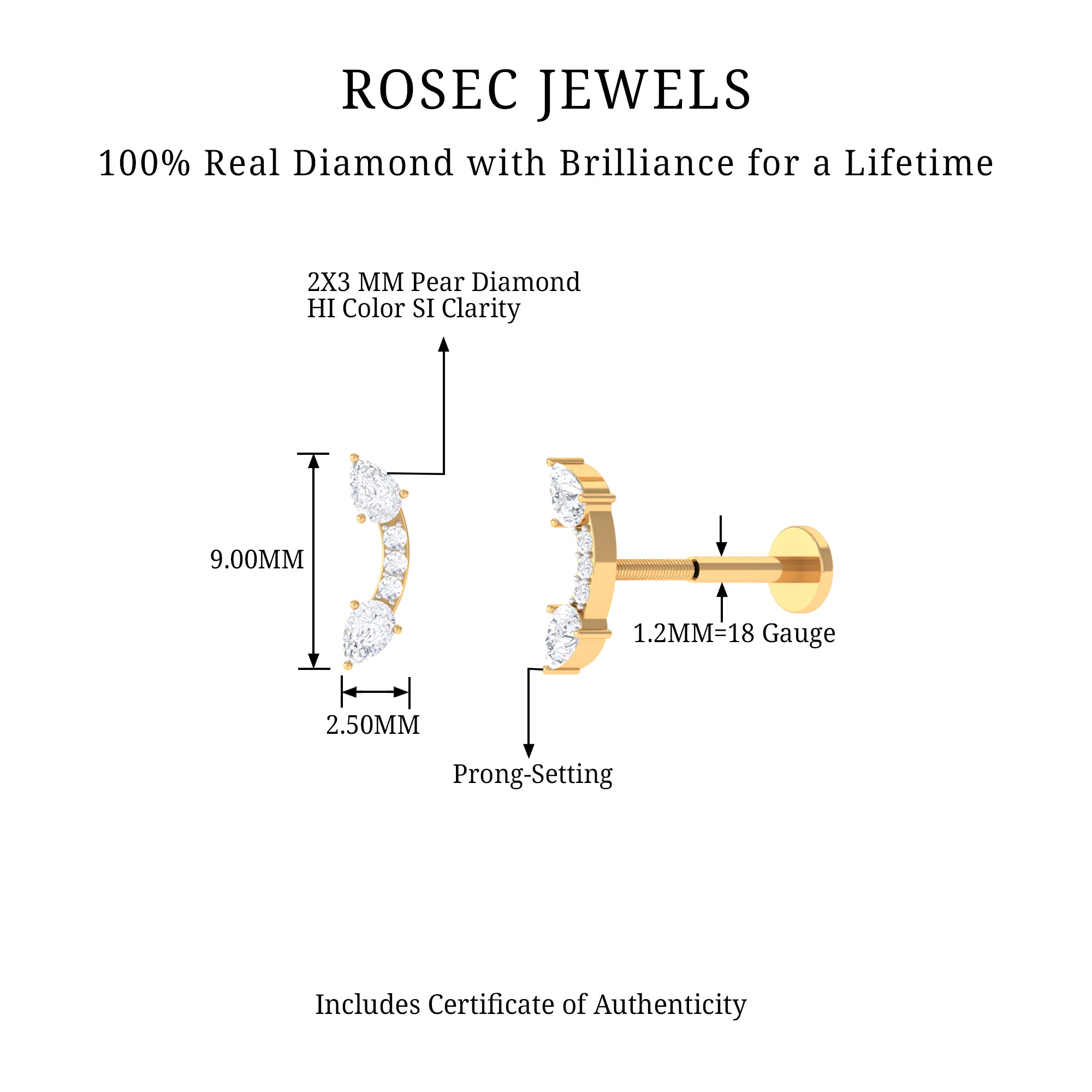 Pear Shape Diamond Curved Helix Earring Natural - ( HI-SI ) - Rosec Jewels