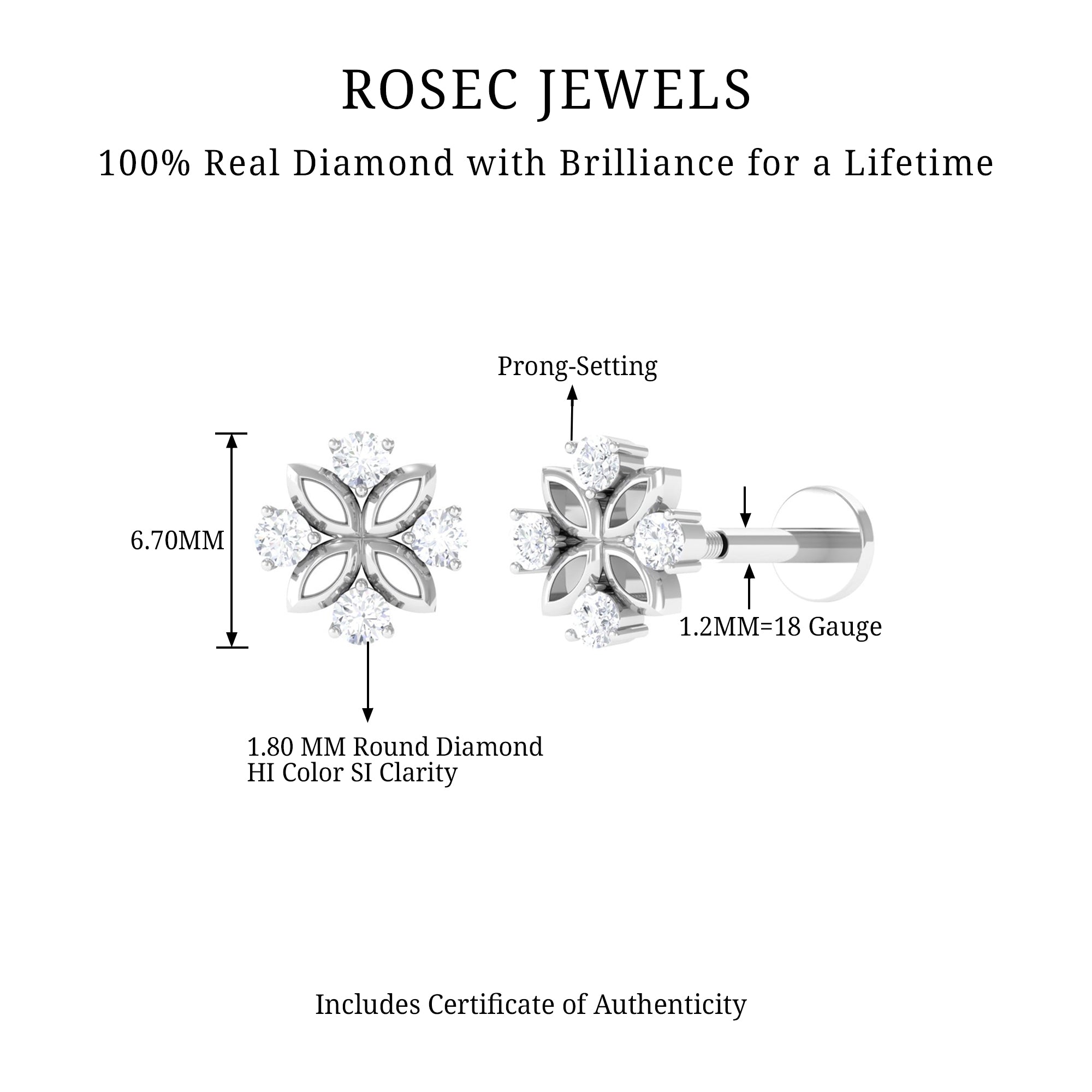 Nature Inspired Certified Diamond Flower Earring for Helix Piercing Natural - ( HI-SI ) - Rosec Jewels