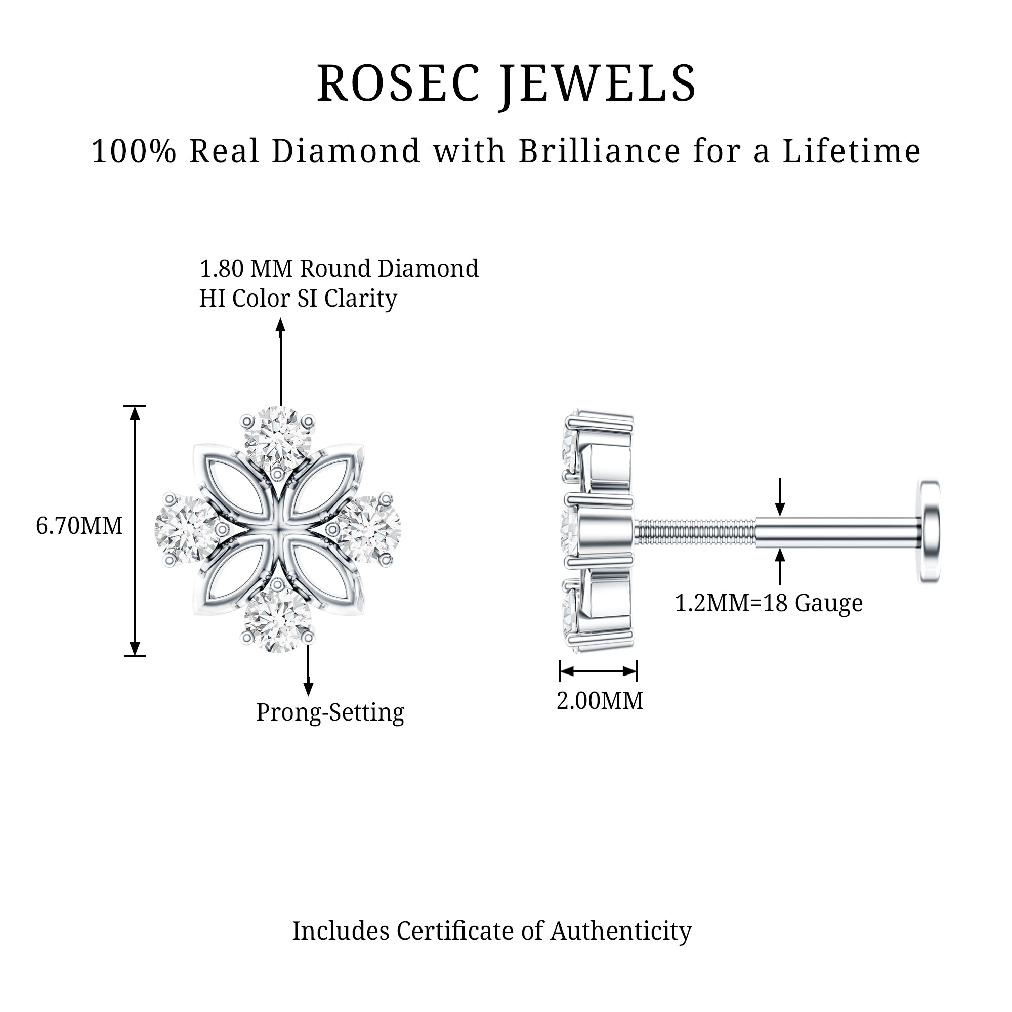 Nature Inspired Certified Diamond Flower Earring for Helix Piercing Natural - ( HI-SI ) - Rosec Jewels