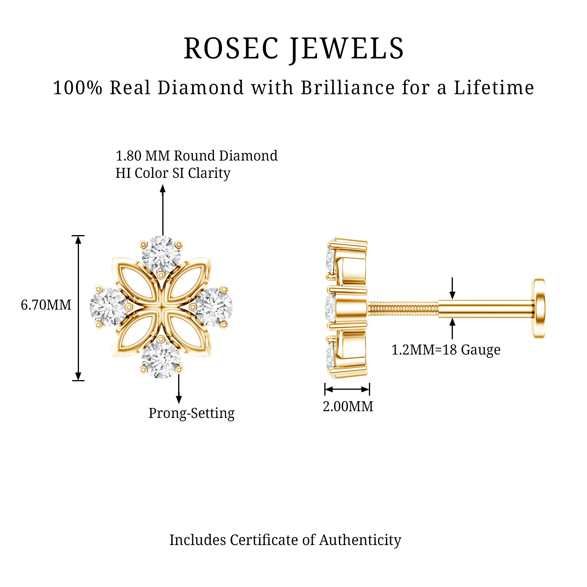 Nature Inspired Certified Diamond Flower Earring for Helix Piercing Natural - ( HI-SI ) - Rosec Jewels