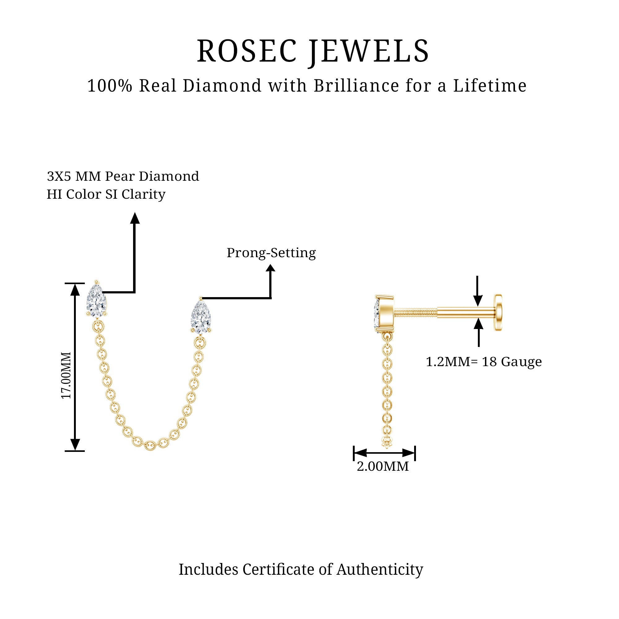 Pear Shape Diamond Chain Double Piercing Earring Natural - ( HI-SI ) - Rosec Jewels