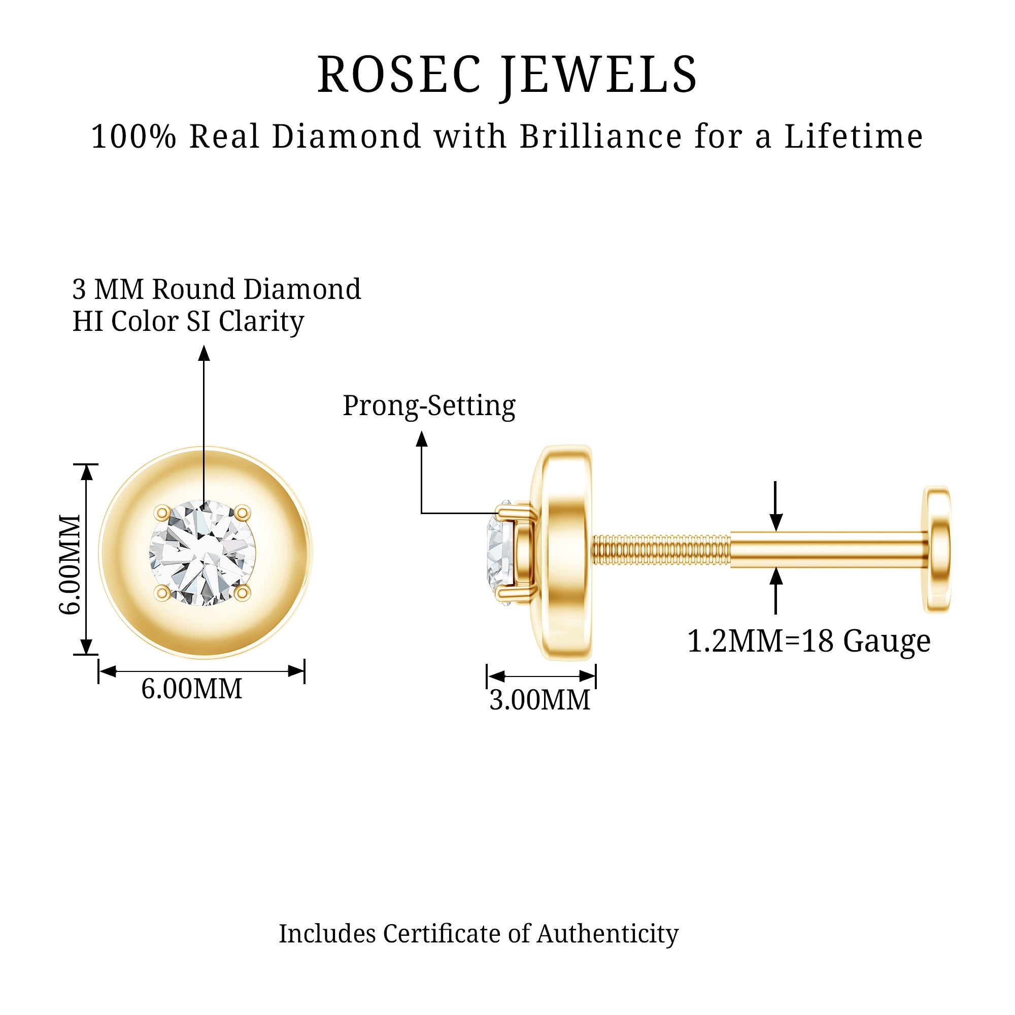 Classic Diamond Solitaire Helix Piercing Earring Natural - ( HI-SI ) - Rosec Jewels