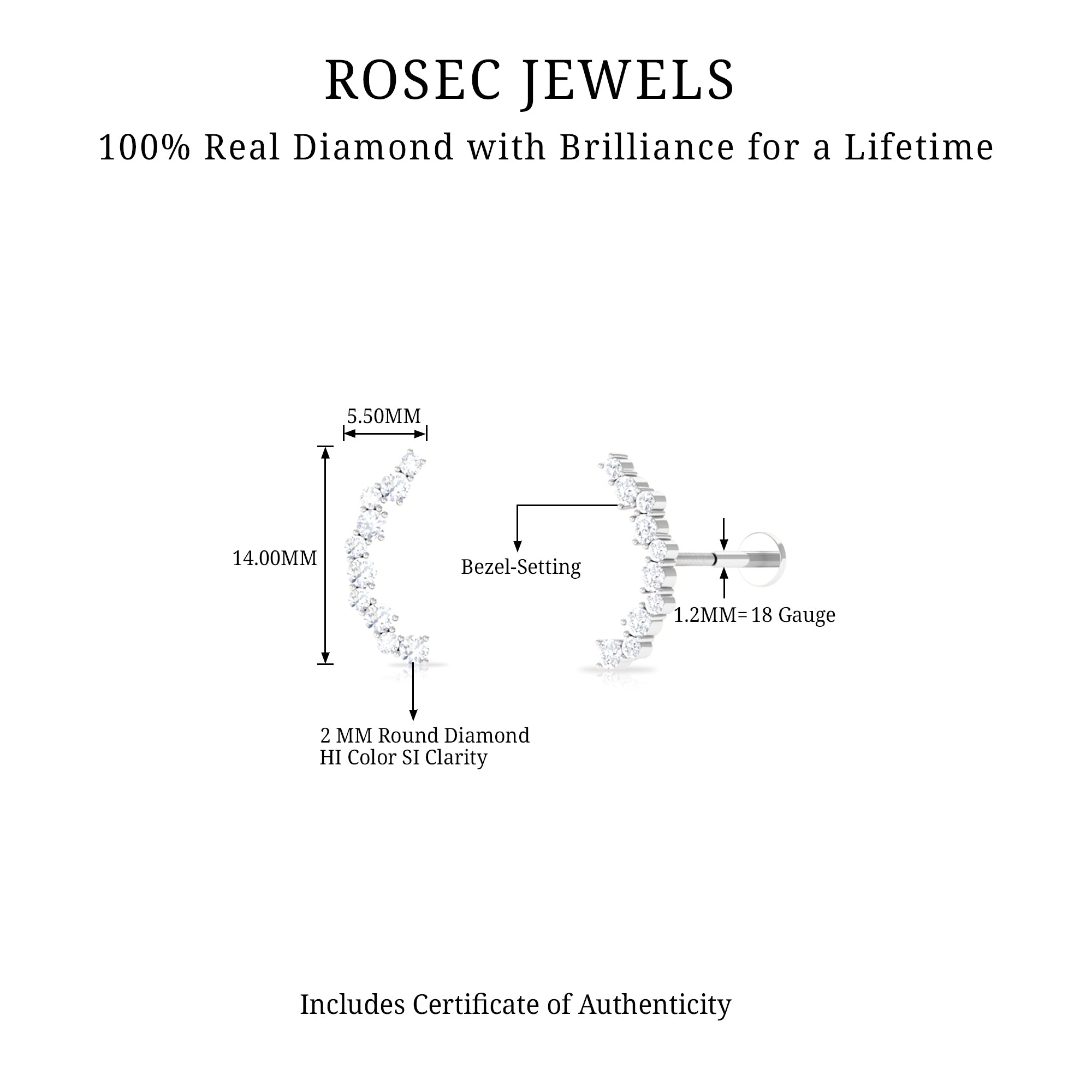 Certified Diamond Curved Crawler Earring for Women Natural - ( HI-SI ) - Rosec Jewels