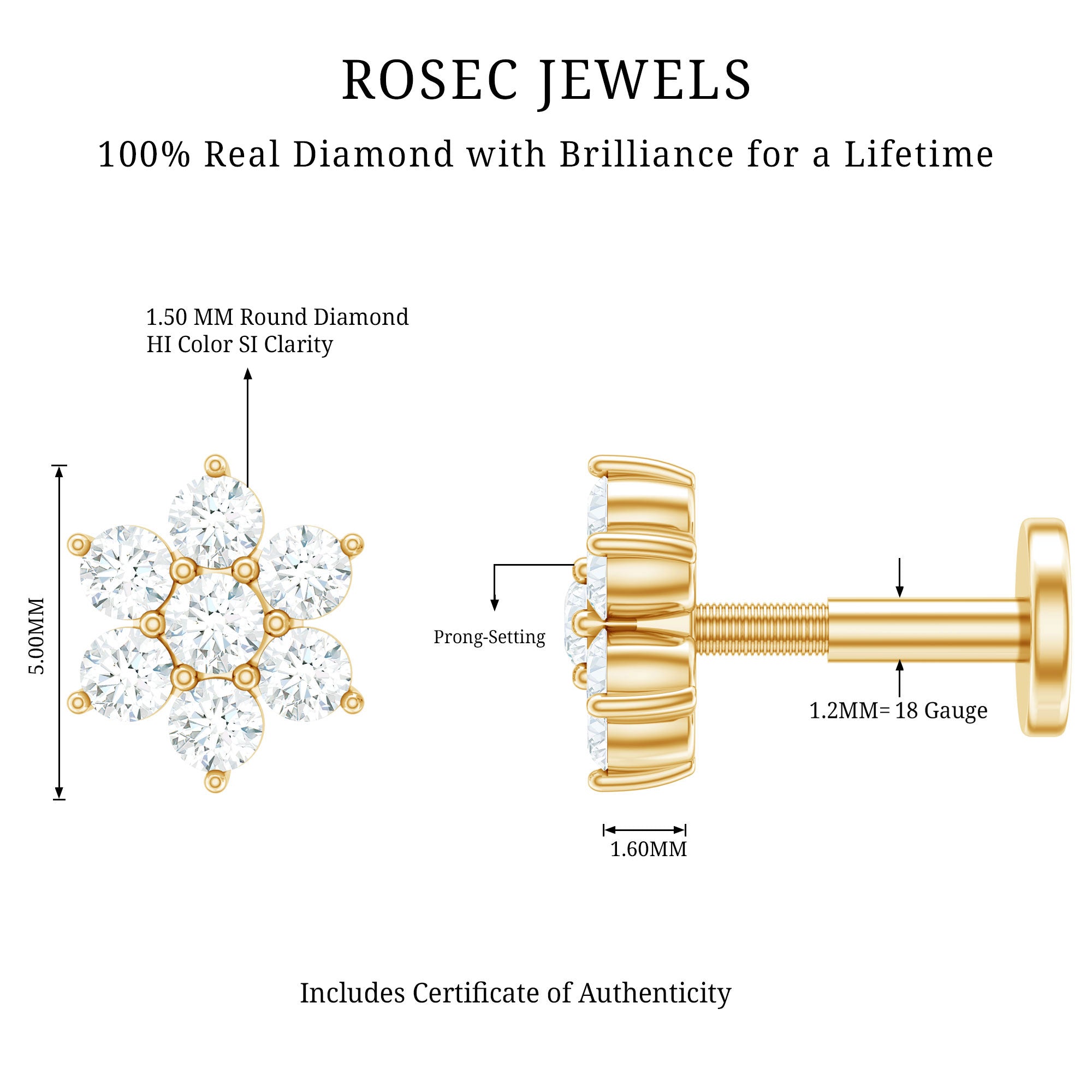 Simple Diamond Flower Cartilage Earring Natural - ( HI-SI ) - Rosec Jewels