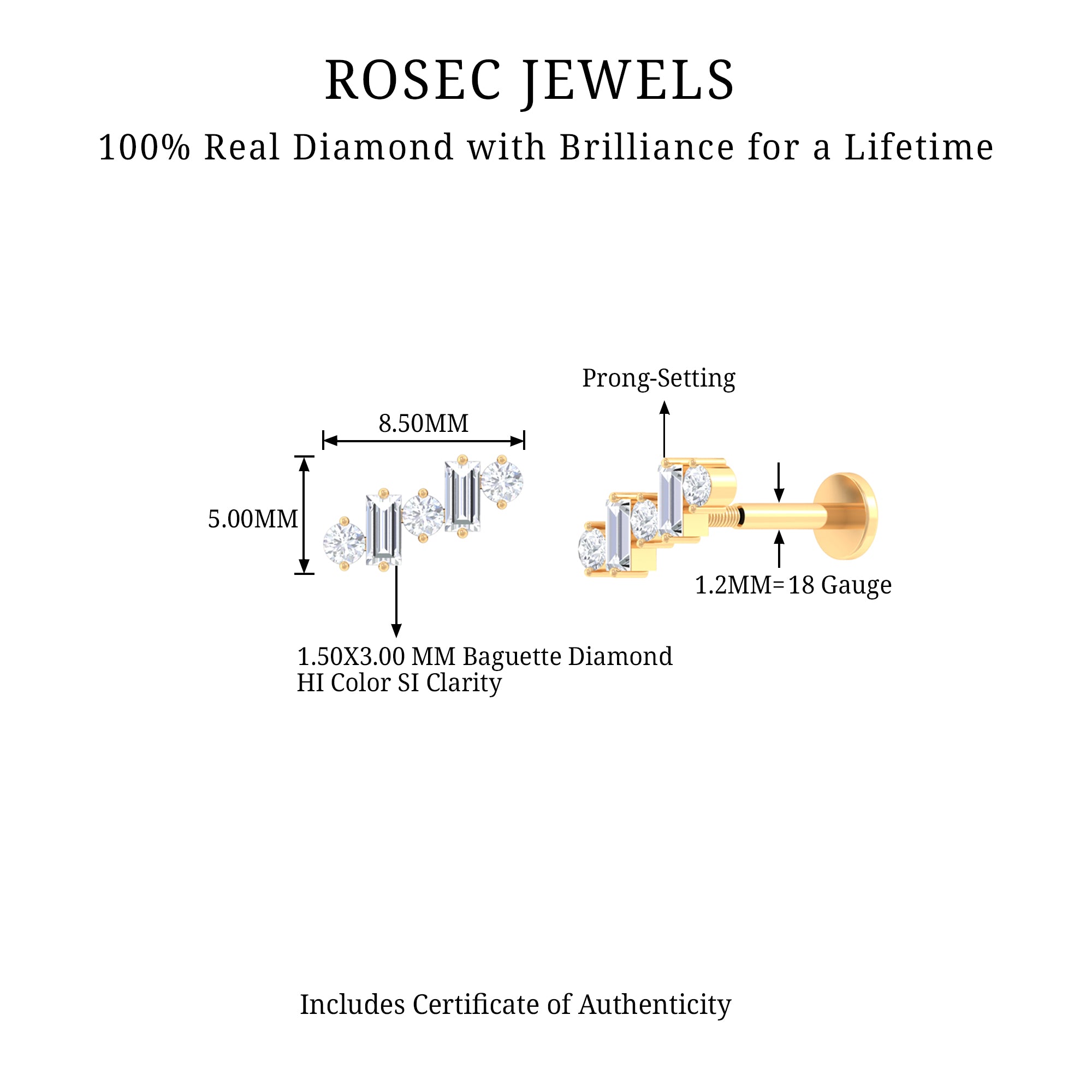 Baguette Shape Diamond Cartilage Piercing Earring Natural - ( HI-SI ) - Rosec Jewels