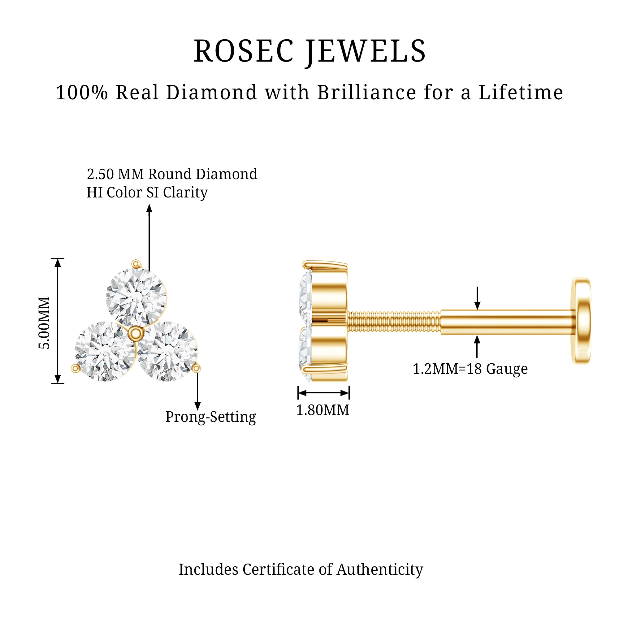 Dainty Diamond Trio Earring for Helix Piercing Natural - ( HI-SI ) - Rosec Jewels