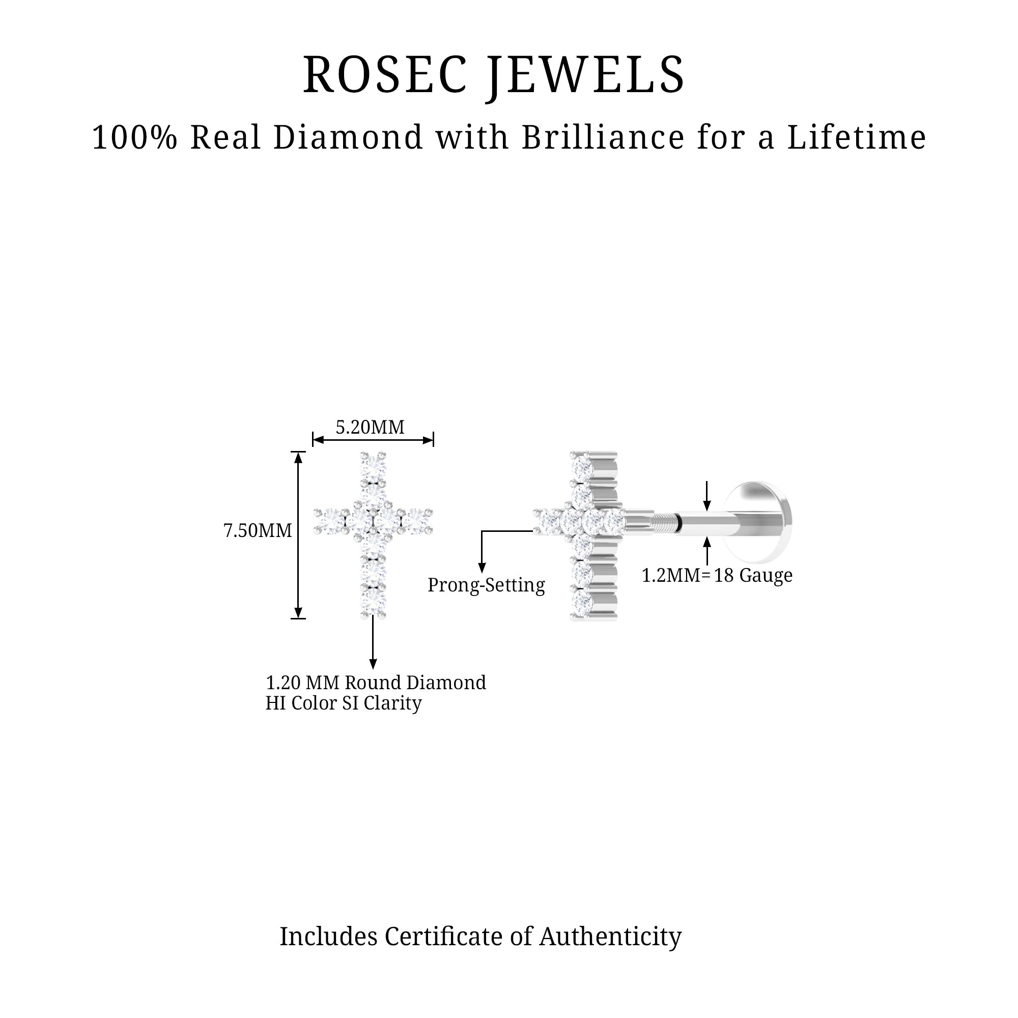 Minimalist Diamond Cross Cartilage Earring Natural - ( HI-SI ) - Rosec Jewels