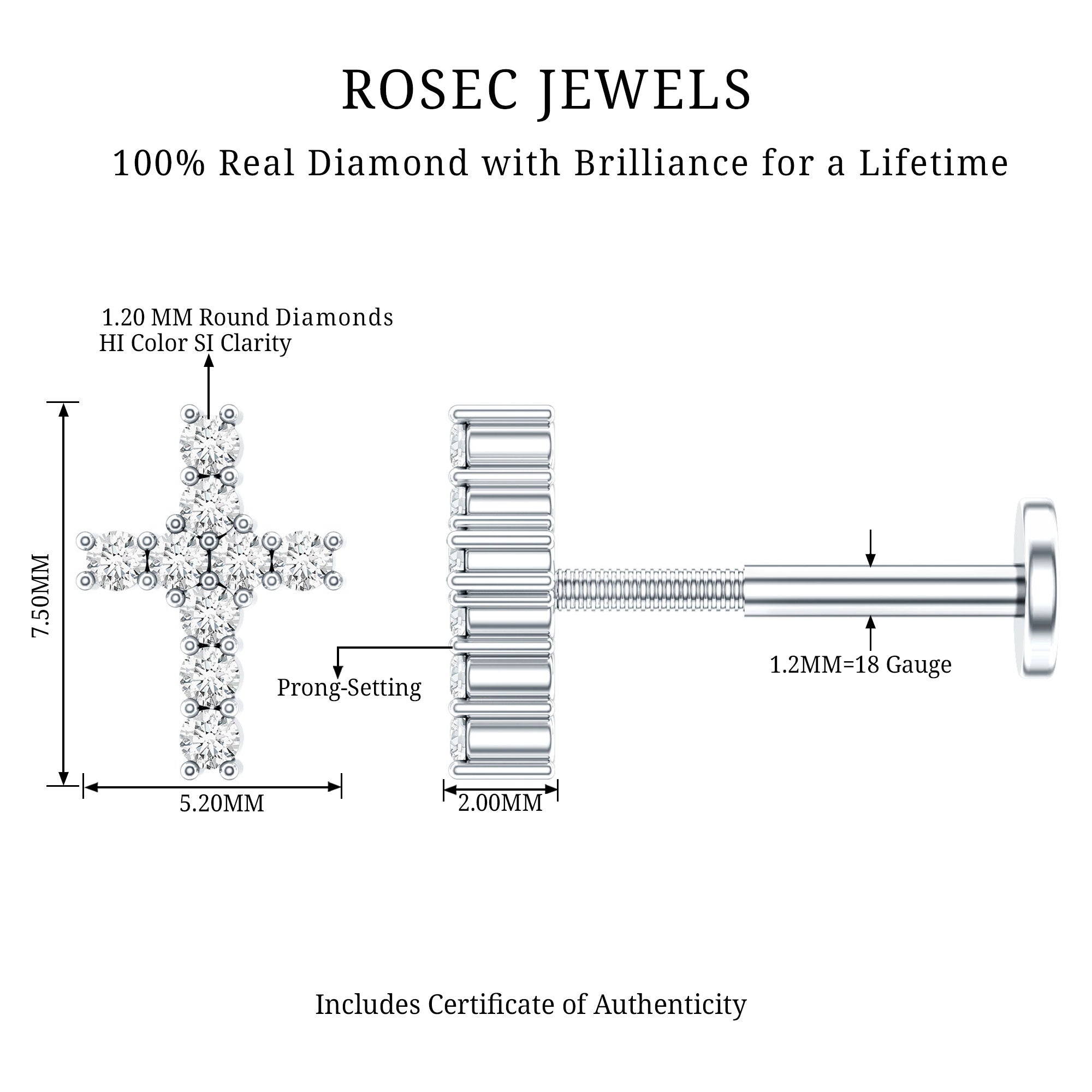Minimalist Diamond Cross Cartilage Earring Natural - ( HI-SI ) - Rosec Jewels