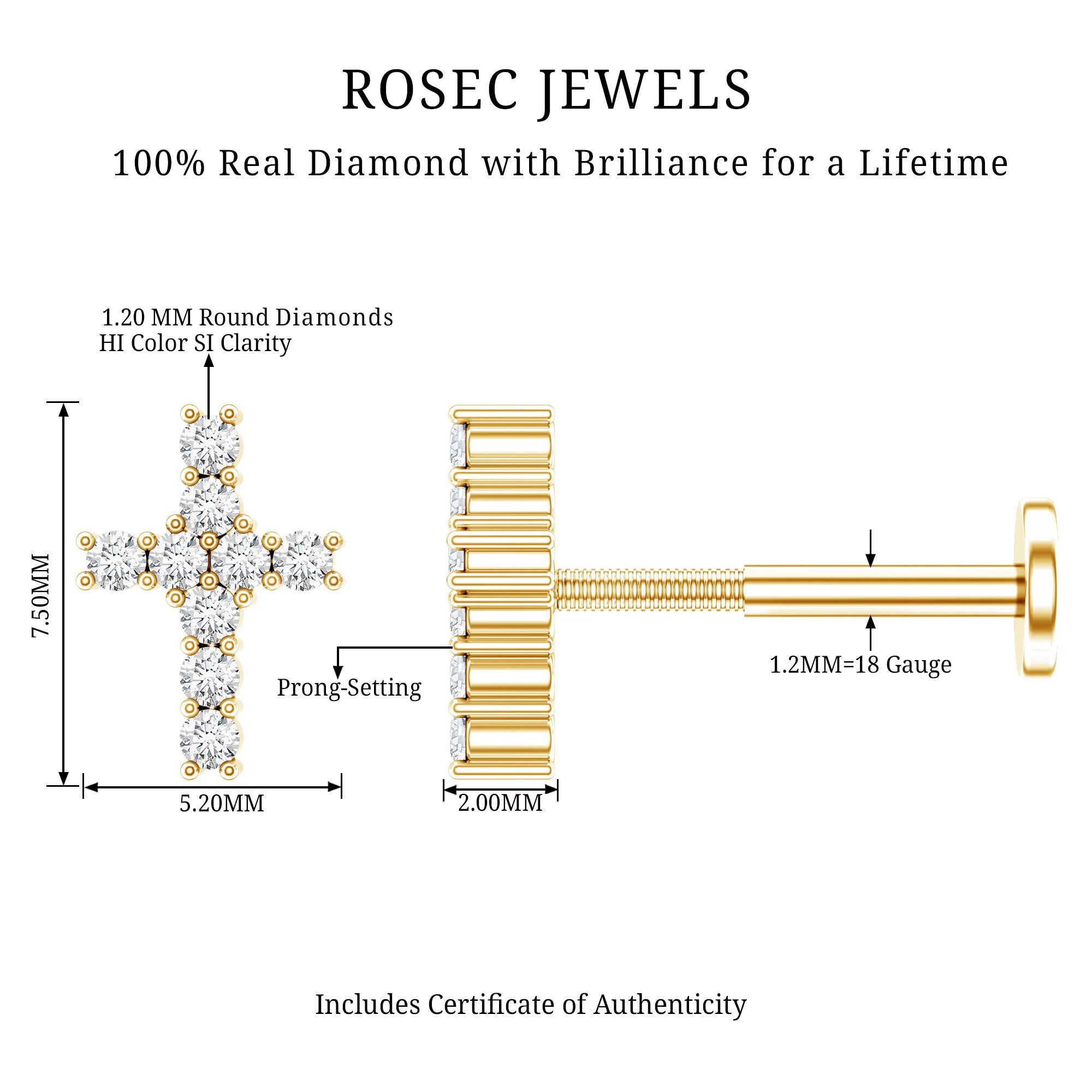 Minimalist Diamond Cross Cartilage Earring Natural - ( HI-SI ) - Rosec Jewels