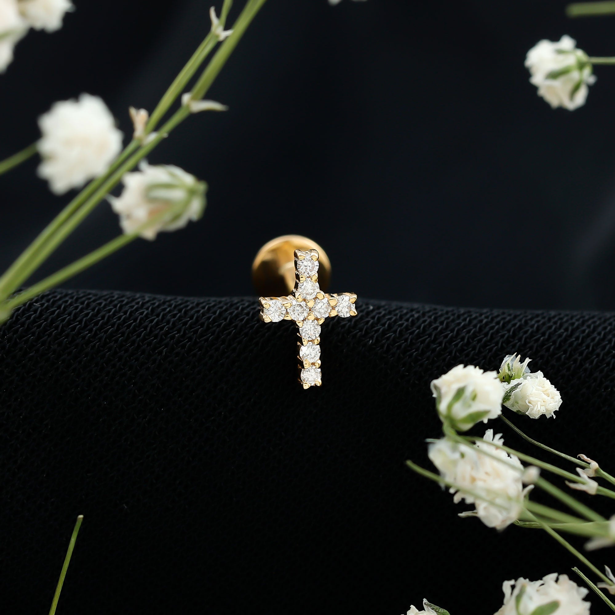 Minimalist Diamond Cross Cartilage Earring Natural - ( HI-SI ) - Rosec Jewels