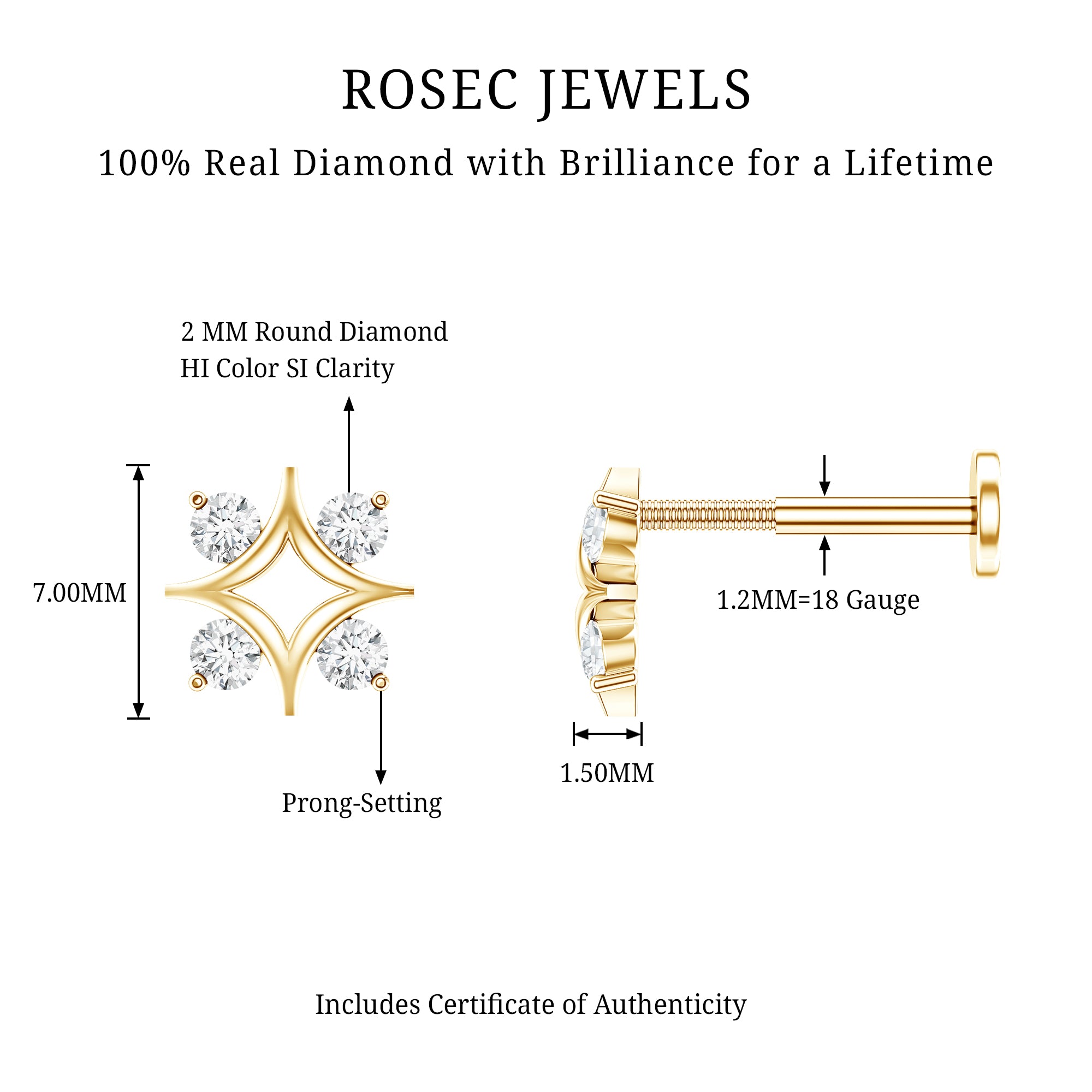 Round Cut Diamond Star Earring for Helix Piercing Natural - ( HI-SI ) - Rosec Jewels