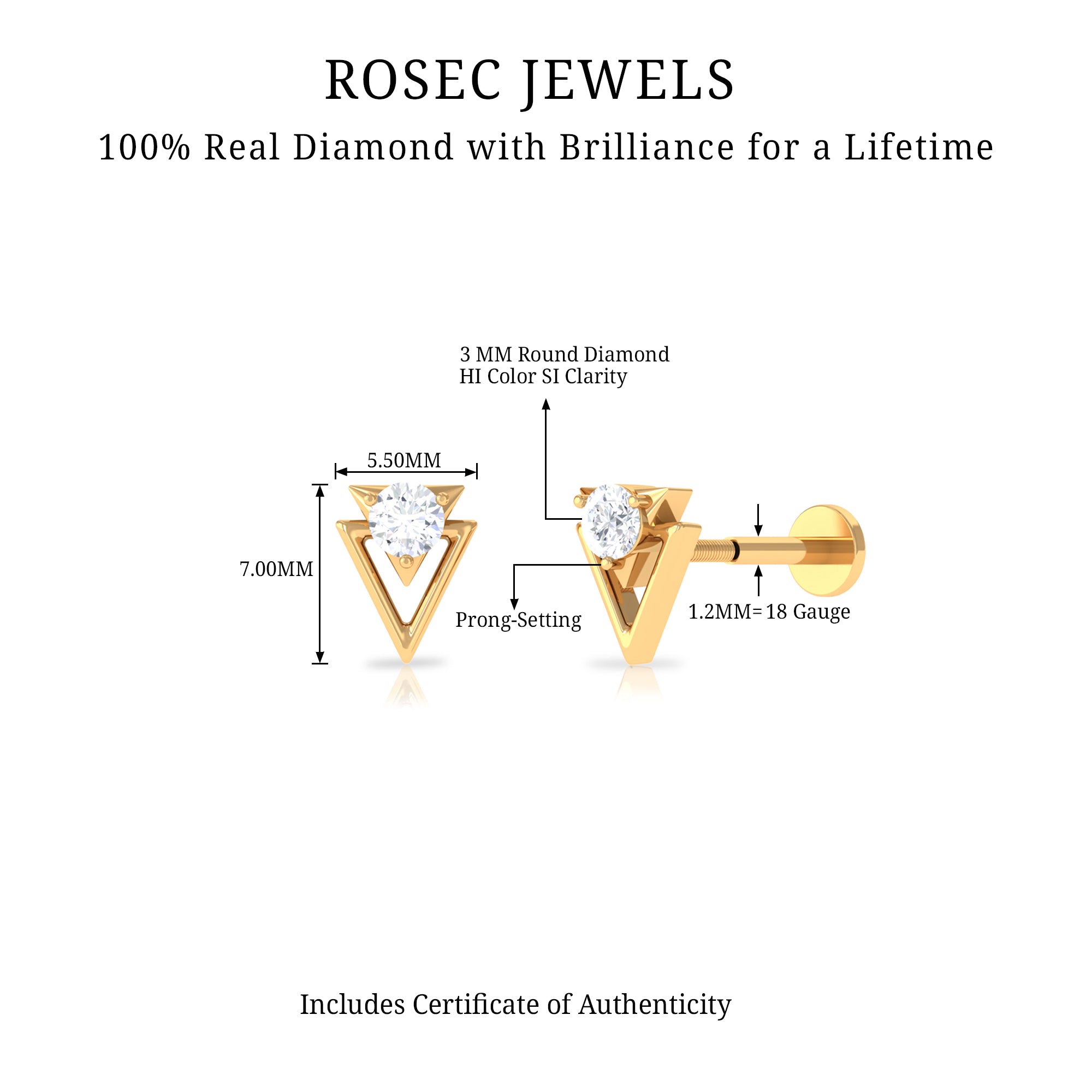 Simple Diamond Solitaire Triangle Cartilage Earring Natural - ( HI-SI ) - Rosec Jewels