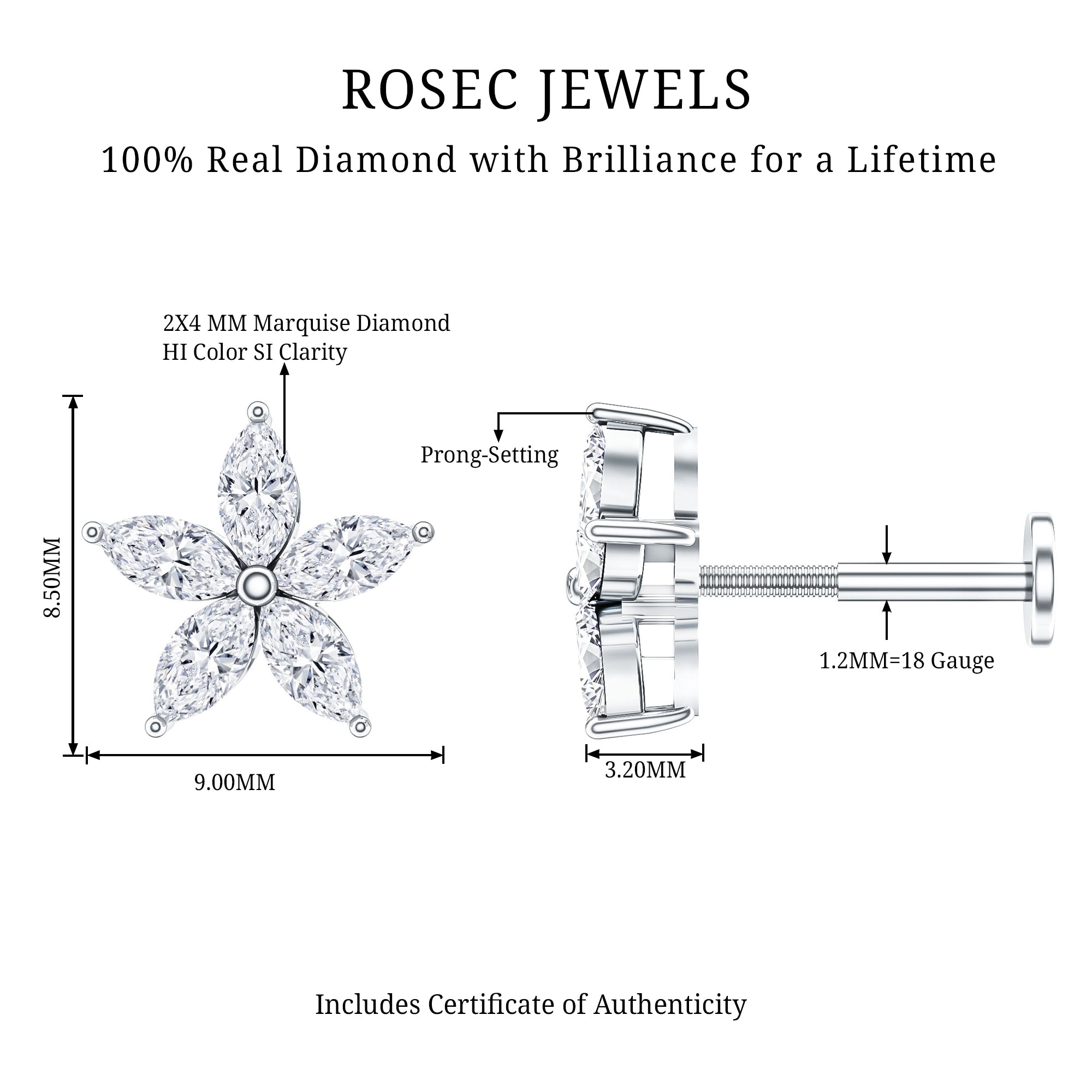 Marquise Diamond Floral Upper Lobe Earring Natural - ( HI-SI ) - Rosec Jewels