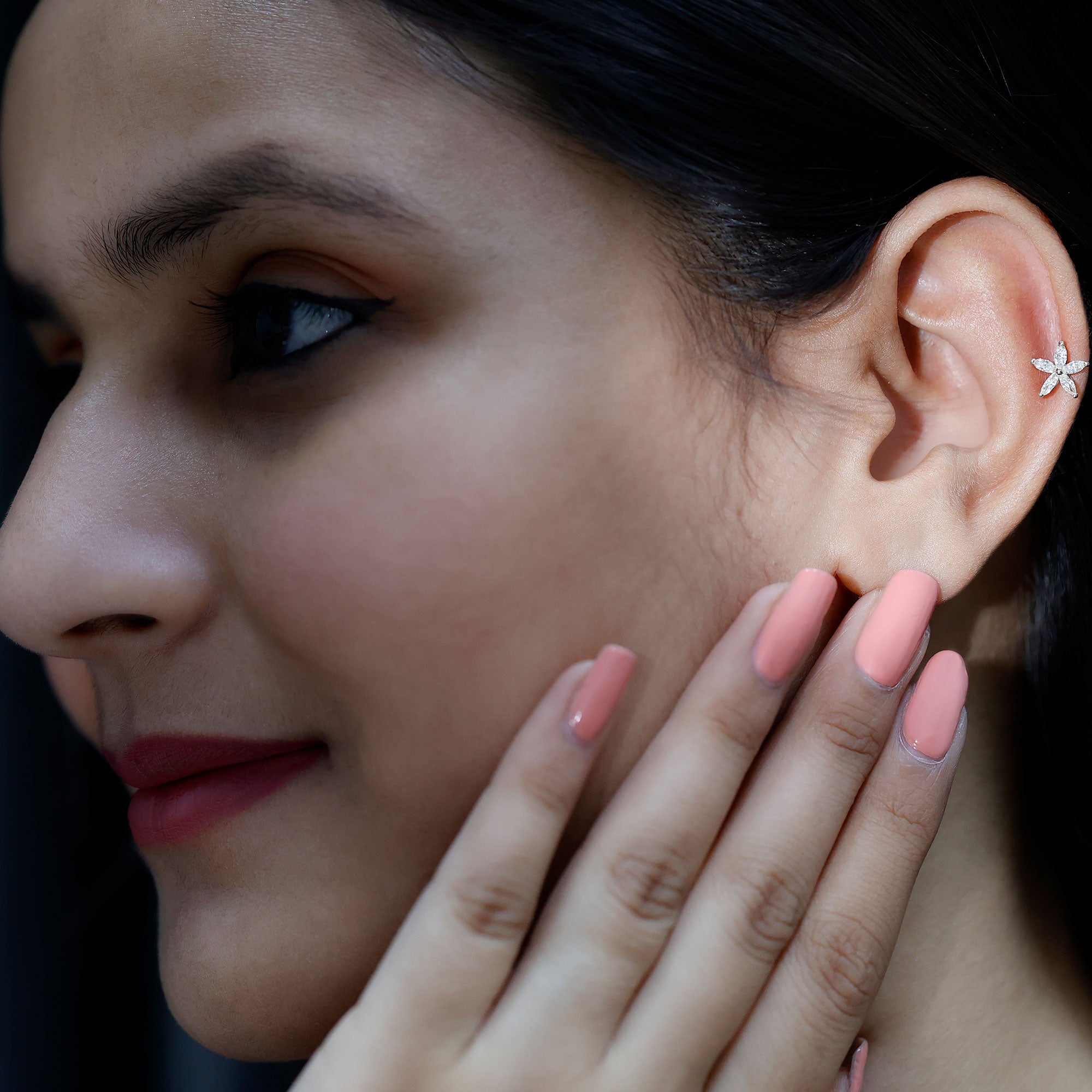 Marquise Diamond Floral Upper Lobe Earring Natural - ( HI-SI ) - Rosec Jewels