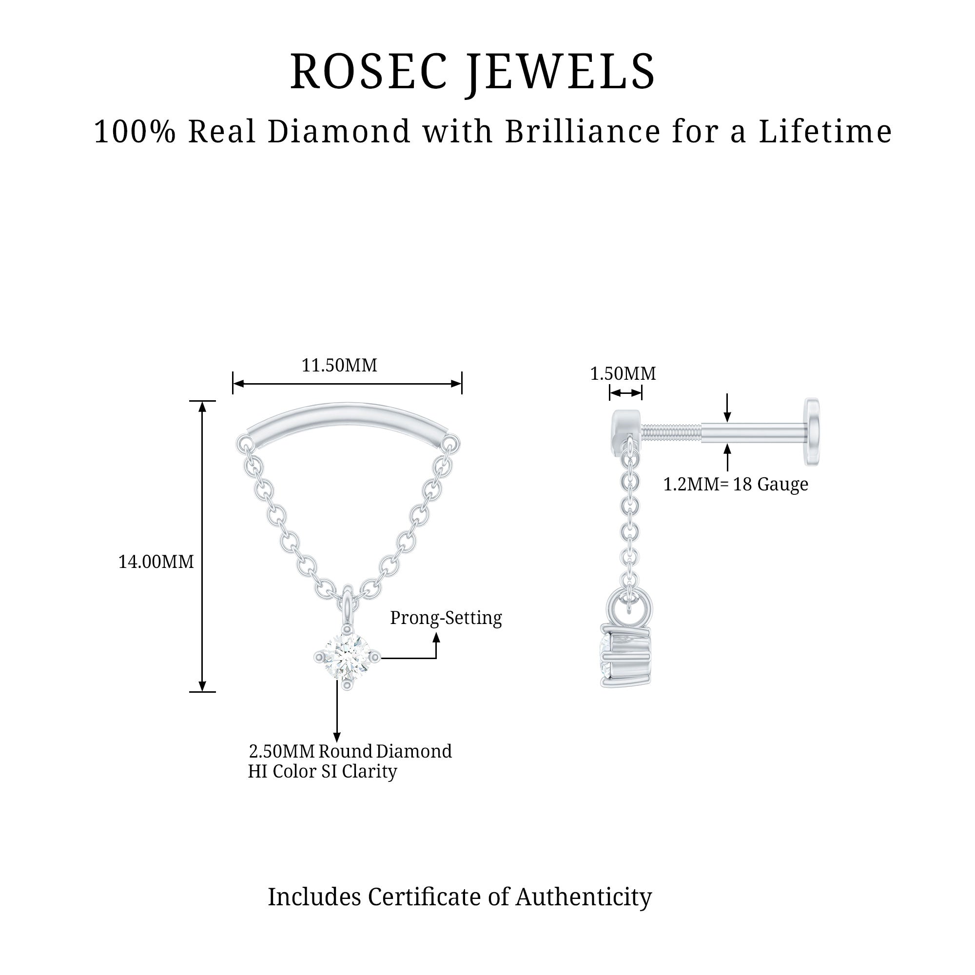 Single Diamond Hidden Helix Earring with Chain Natural - ( HI-SI ) - Rosec Jewels