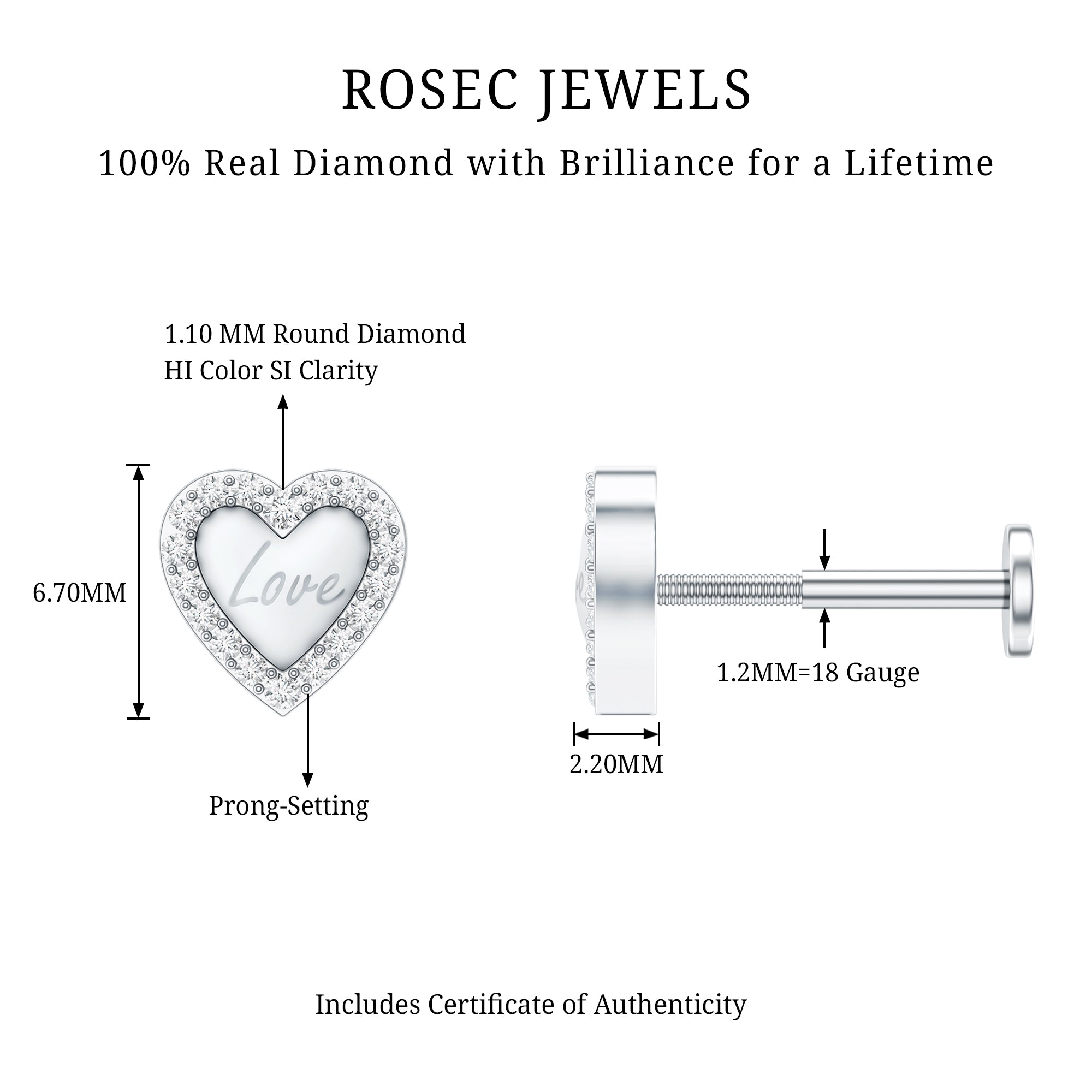 Cute Diamond Love Heart Earring for Helix Piercing Natural - ( HI-SI ) - Rosec Jewels