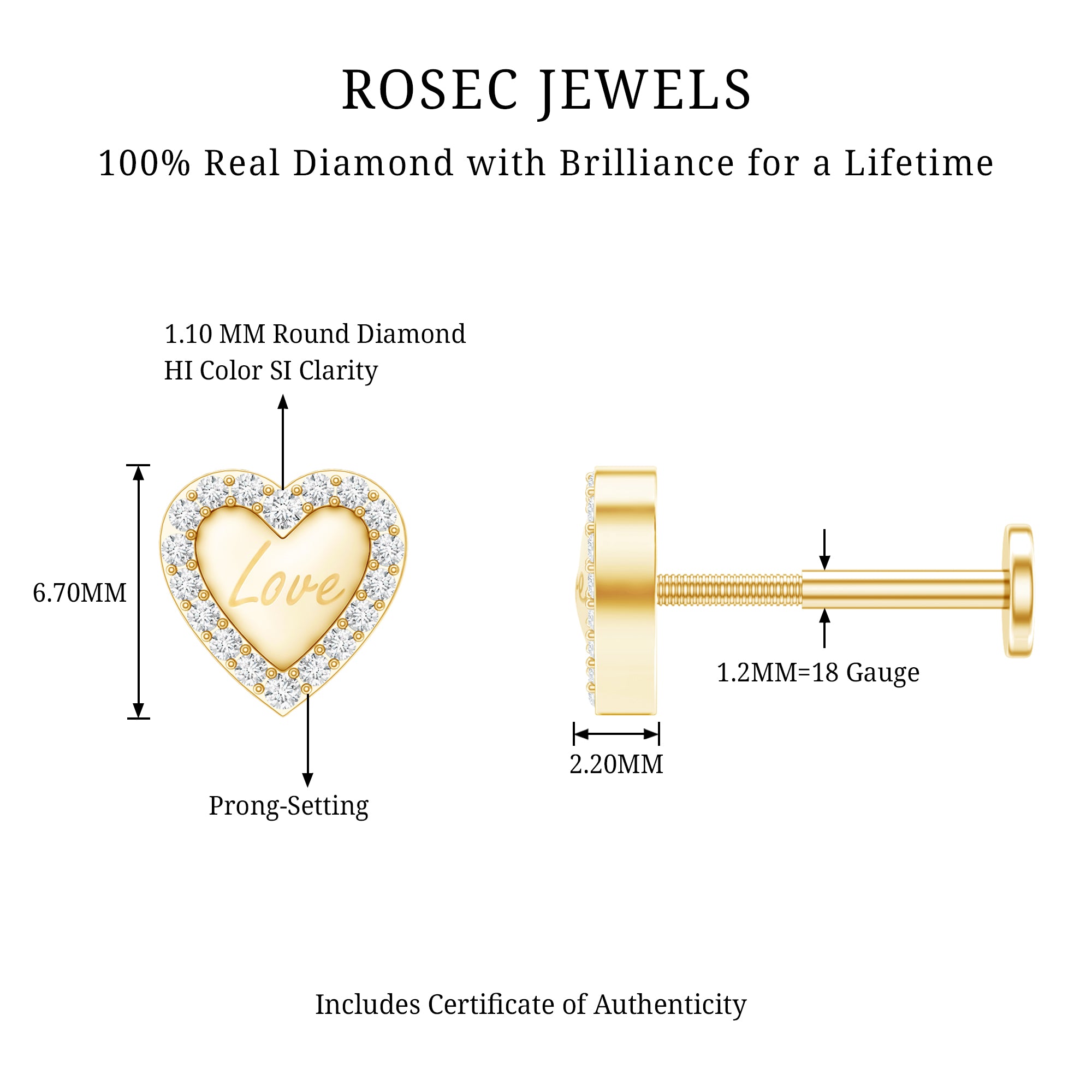 Cute Diamond Love Heart Earring for Helix Piercing Natural - ( HI-SI ) - Rosec Jewels