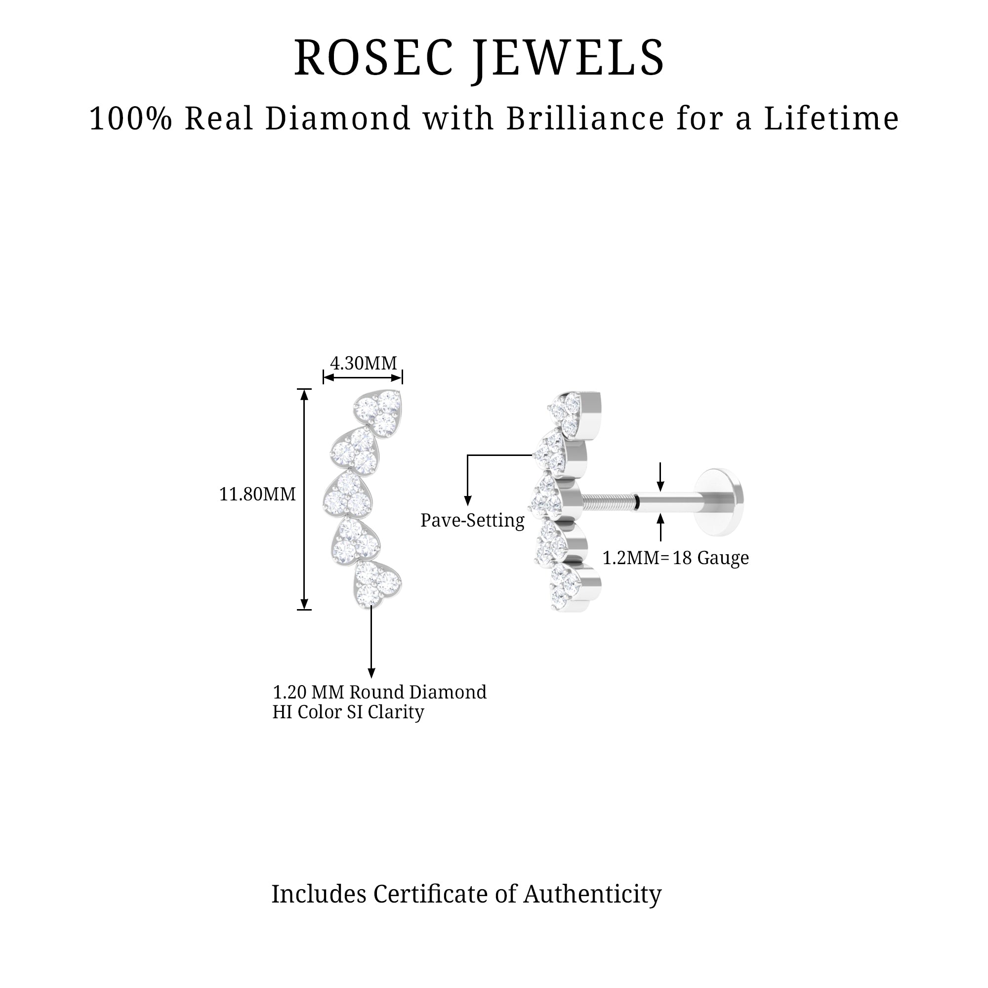 Diamond Heart Crawler Earring for Helix Piercing Natural - ( HI-SI ) - Rosec Jewels