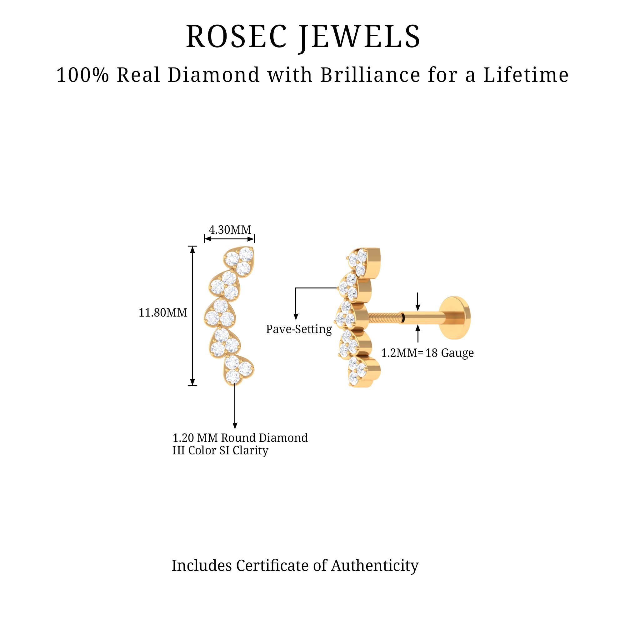 Diamond Heart Crawler Earring for Helix Piercing Natural - ( HI-SI ) - Rosec Jewels