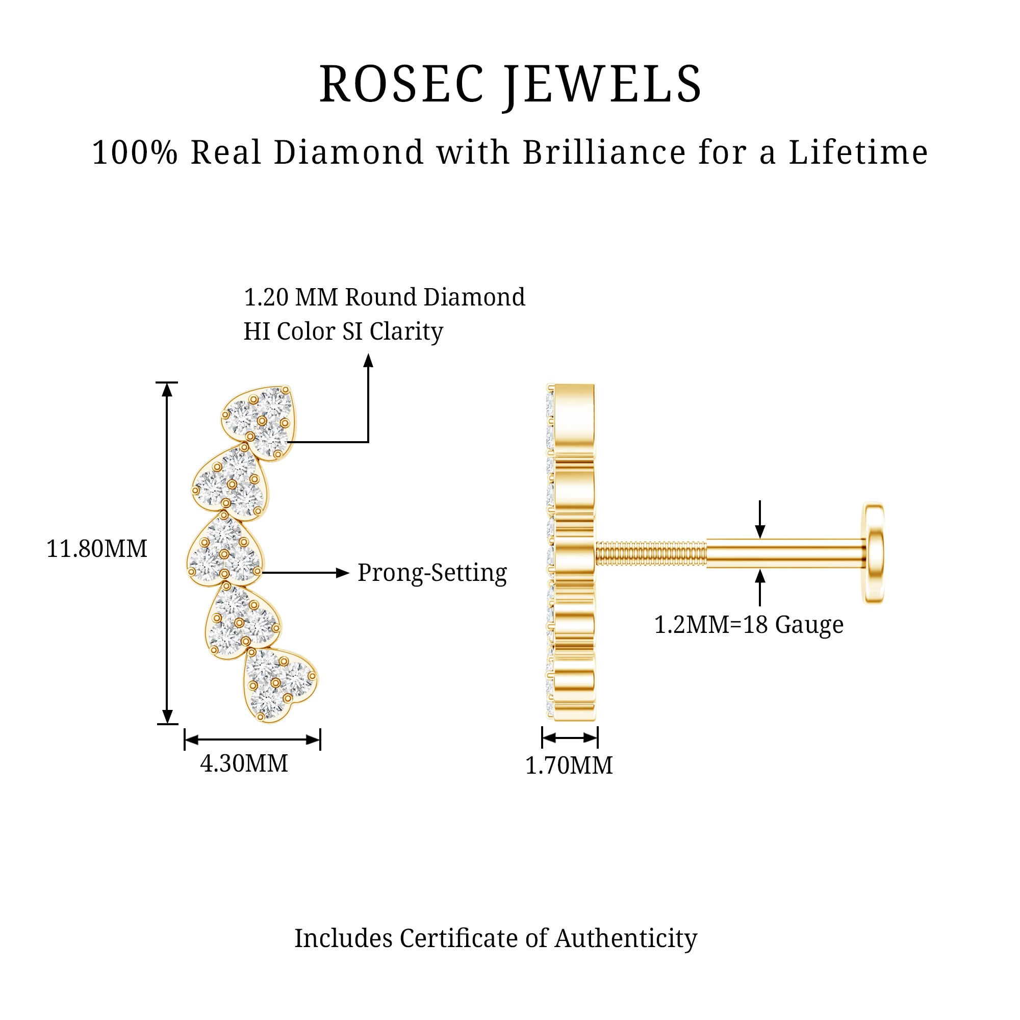 Diamond Heart Crawler Earring for Helix Piercing Natural - ( HI-SI ) - Rosec Jewels