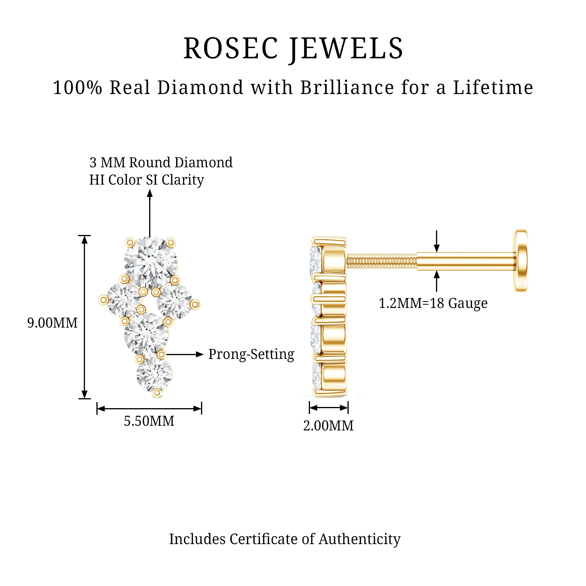 Certified Diamond Cluster Cartilage Piercing Earring Natural - ( HI-SI ) - Rosec Jewels