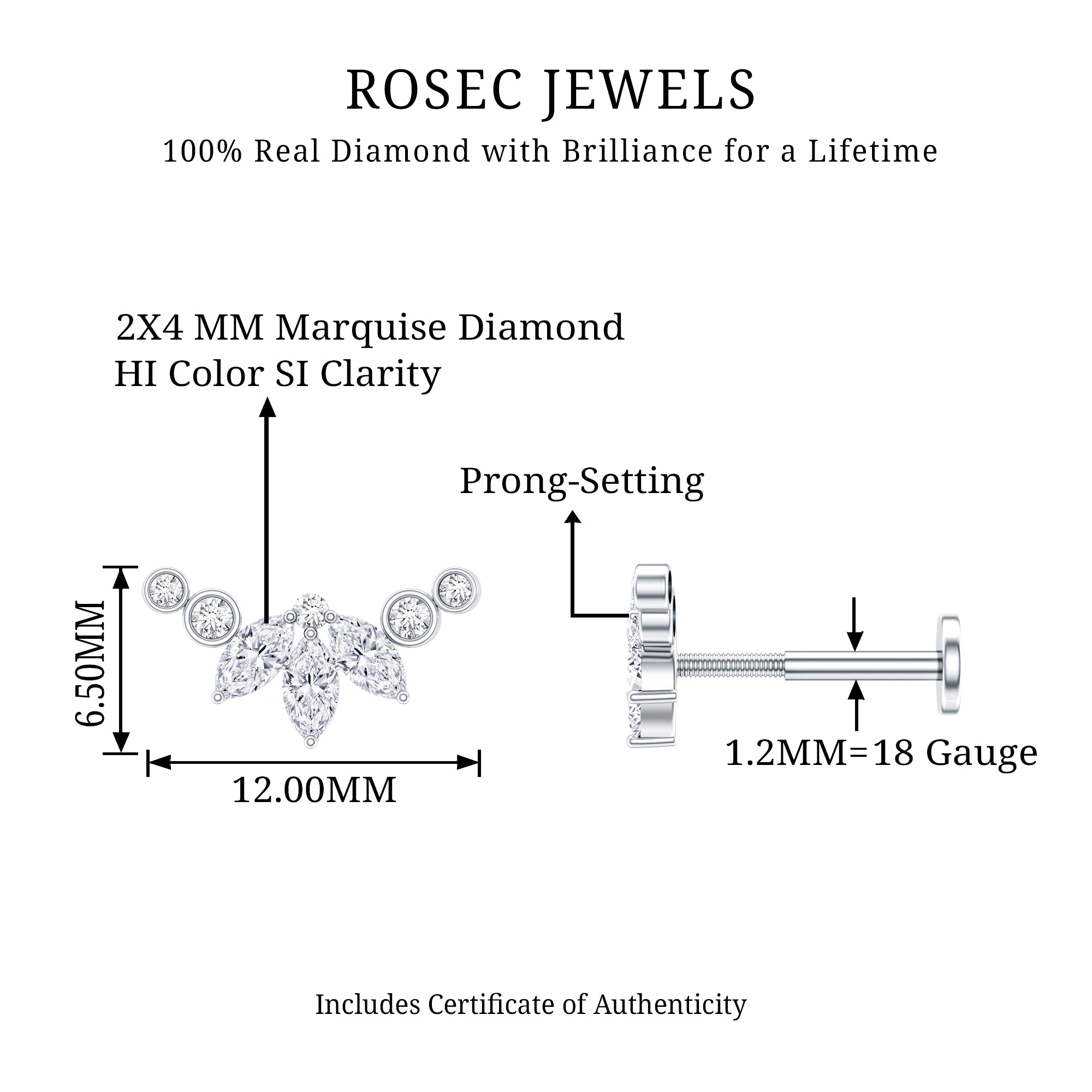 Marquise Diamond Crawler Earring for Cartilage Piercing Natural - ( HI-SI ) - Rosec Jewels