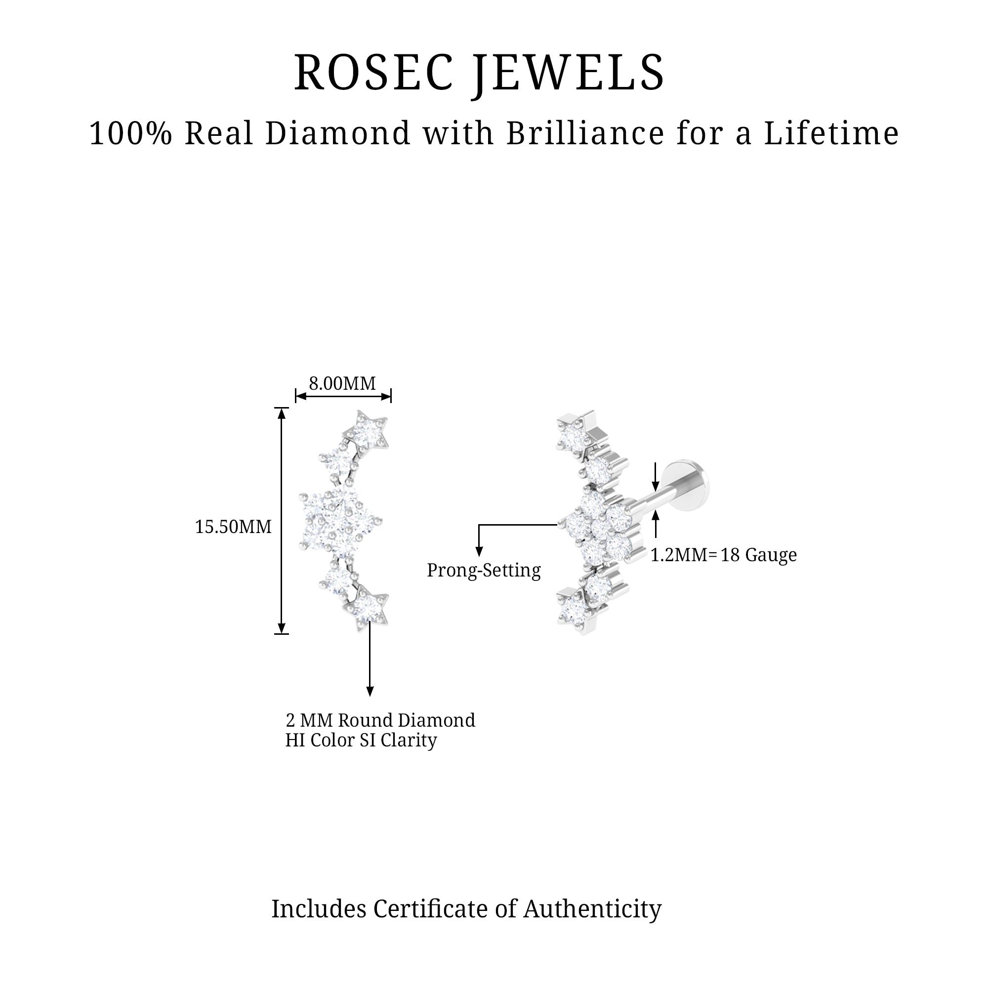 Brilliant Cut Diamond Star Ear Crawler Earring Natural - ( HI-SI ) - Rosec Jewels
