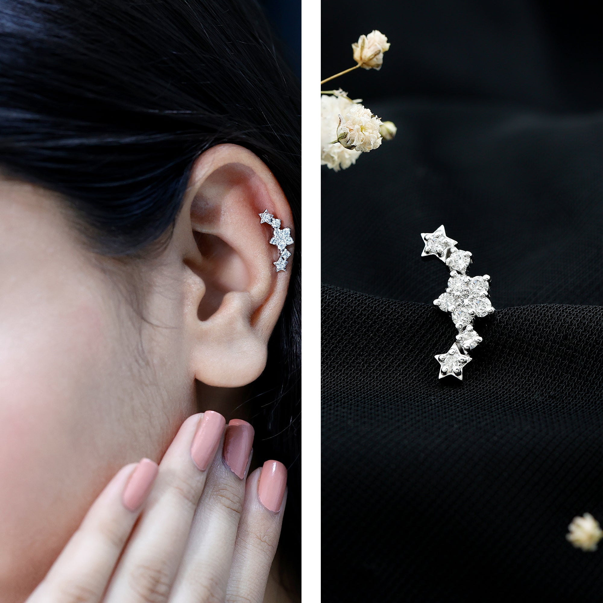 Brilliant Cut Diamond Star Ear Crawler Earring Natural - ( HI-SI ) - Rosec Jewels