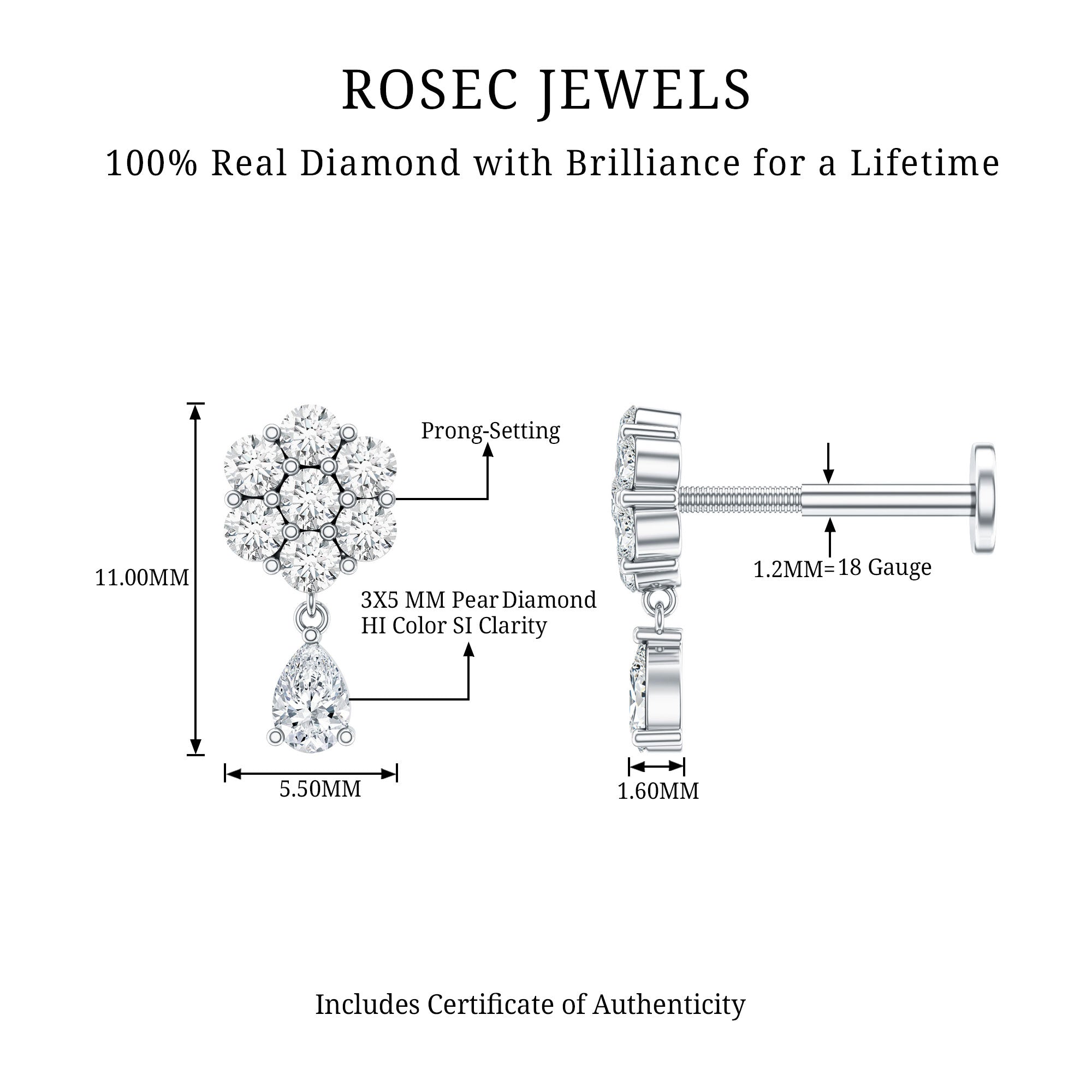 Elegant Diamond Flower Cartilage Drop Earring Natural - ( HI-SI ) - Rosec Jewels