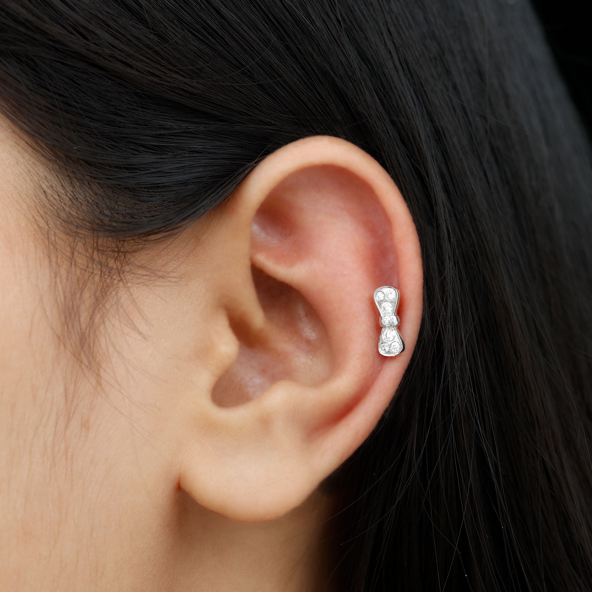 Diamonds Bow Cartilage Piercing Earring Natural - ( HI-SI ) - Rosec Jewels