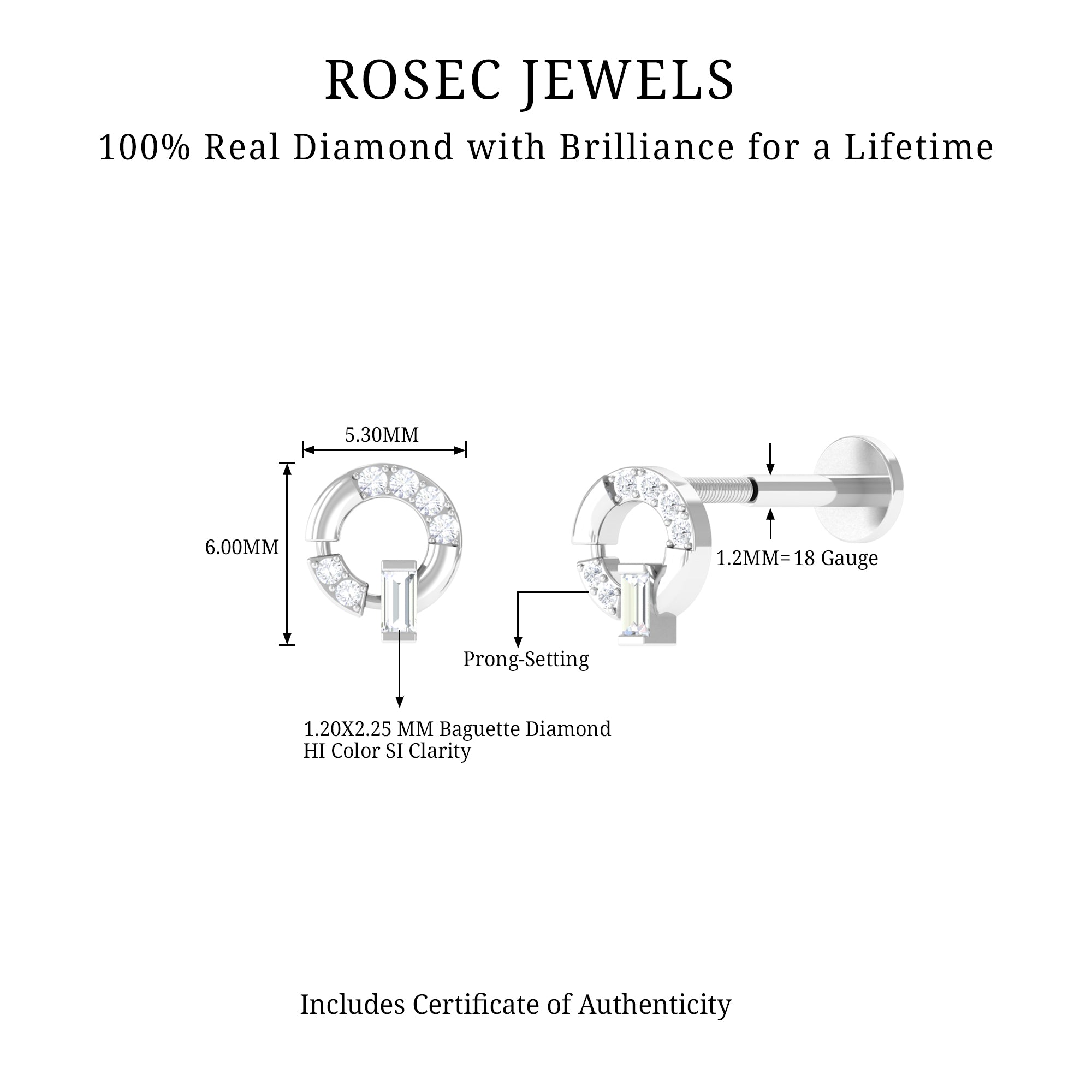 Natural Diamond Circle Earring for Helix Piercing Natural - ( HI-SI ) - Rosec Jewels