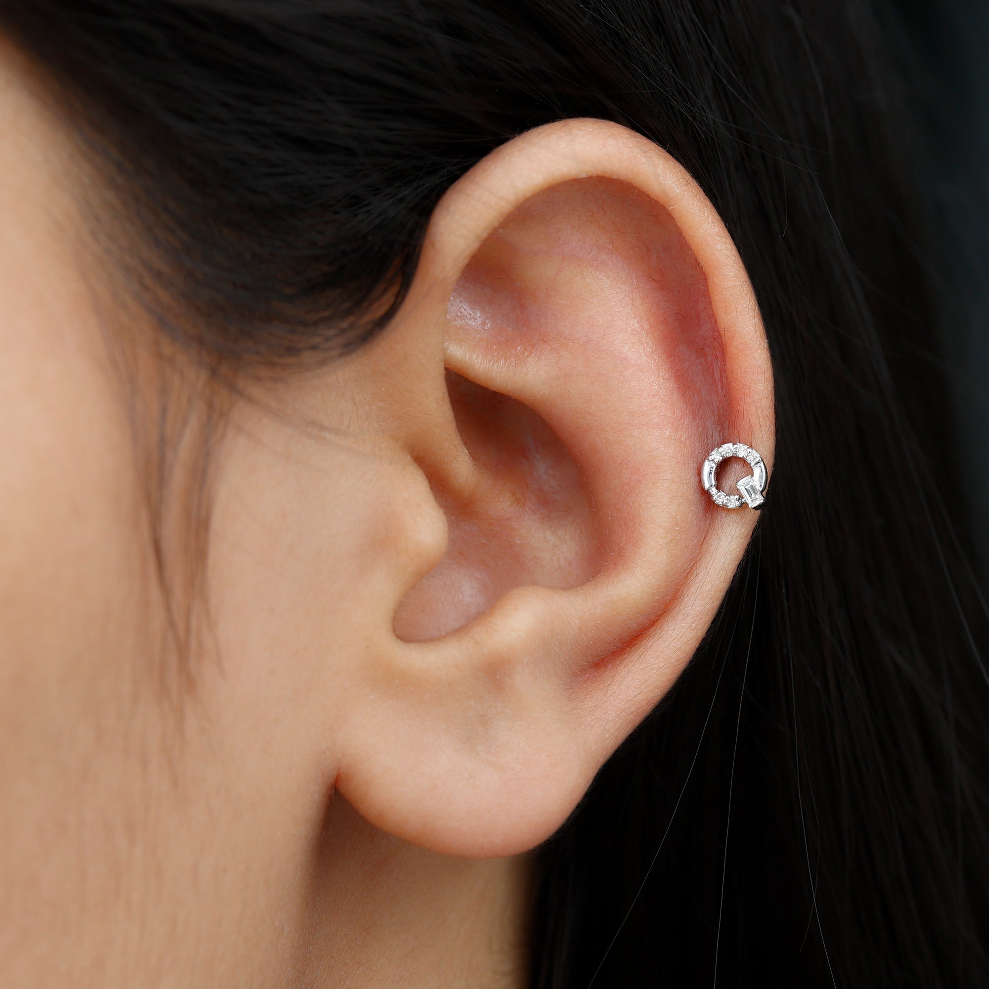 Natural Diamond Circle Earring for Helix Piercing Natural - ( HI-SI ) - Rosec Jewels