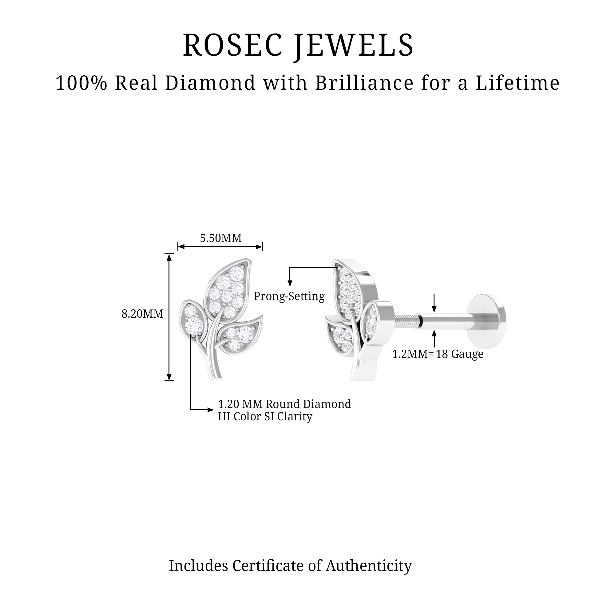 Diamond Leaf Flat Back Cartilage Stud Earring (18G) – Nature Inspired Helix & Tragus Jewelry in Gold Natural - ( HI-SI ) - Rosec Jewels