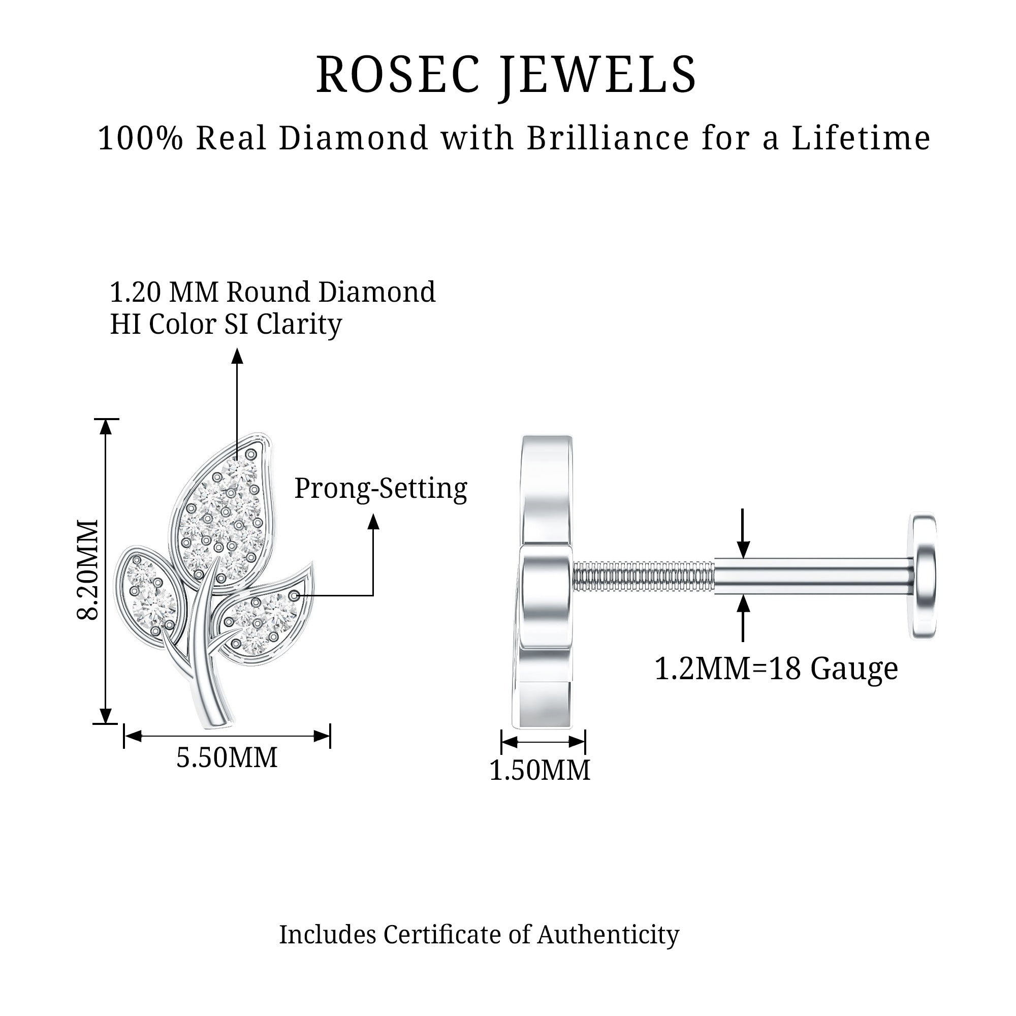Diamond Leaf Flat Back Cartilage Stud Earring (18G) – Nature Inspired Helix & Tragus Jewelry in Gold Natural - ( HI-SI ) - Rosec Jewels