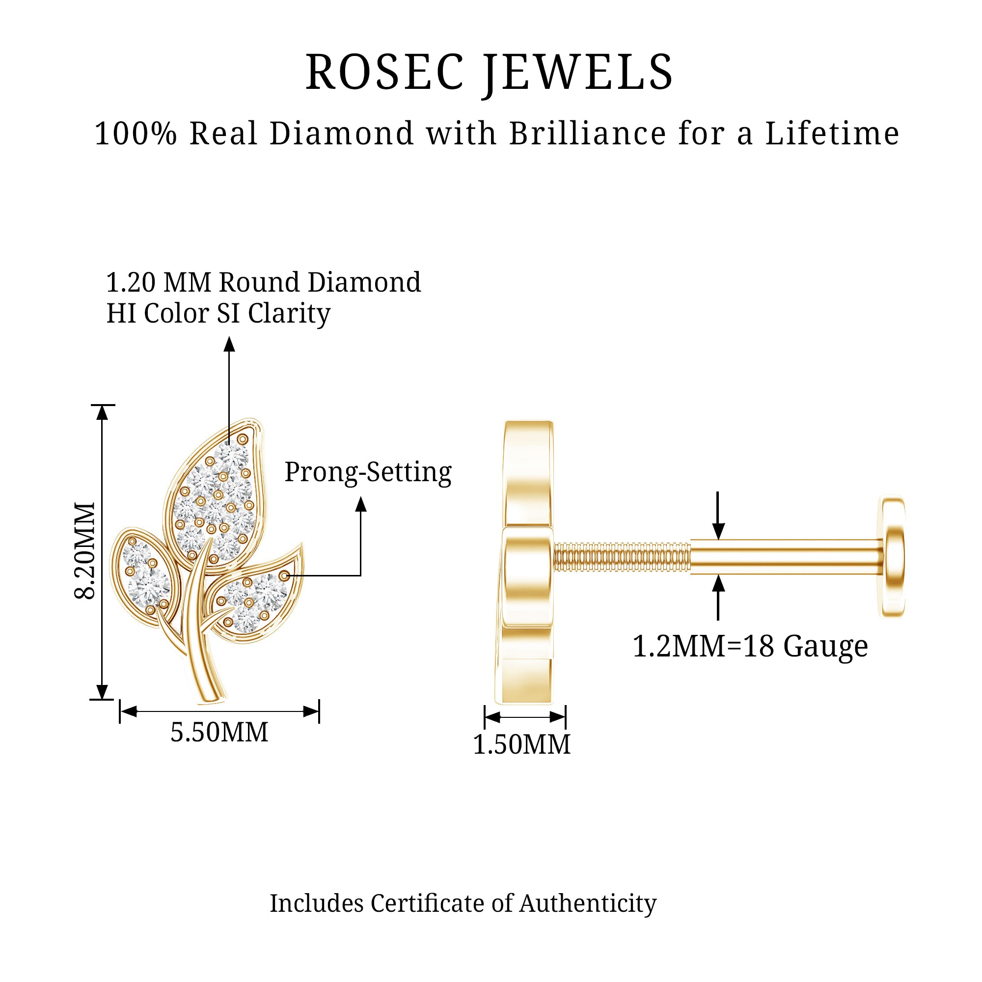 Diamond Leaf Flat Back Cartilage Stud Earring (18G) – Nature Inspired Helix & Tragus Jewelry in Gold Natural - ( HI-SI ) - Rosec Jewels