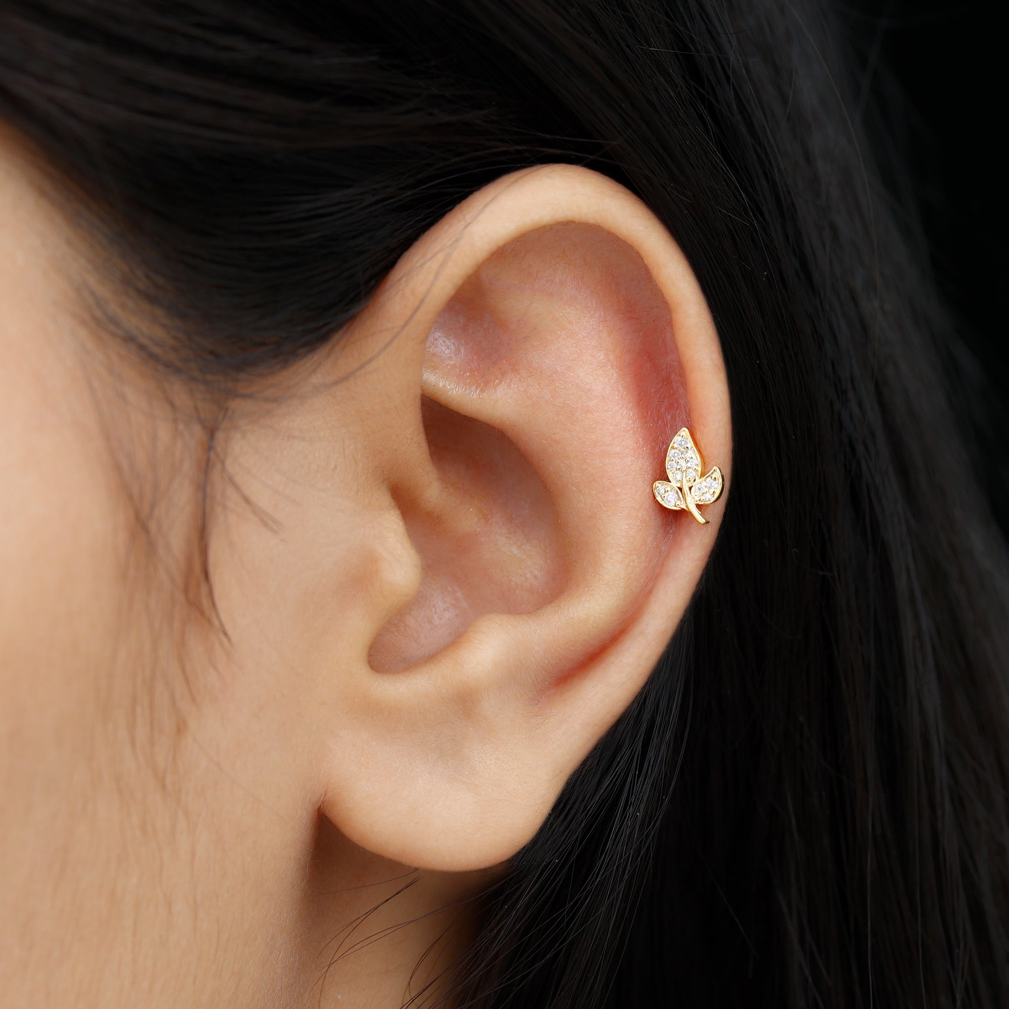 Diamond Leaf Flat Back Cartilage Stud Earring (18G) – Nature Inspired Helix & Tragus Jewelry in Gold Natural - ( HI-SI ) - Rosec Jewels