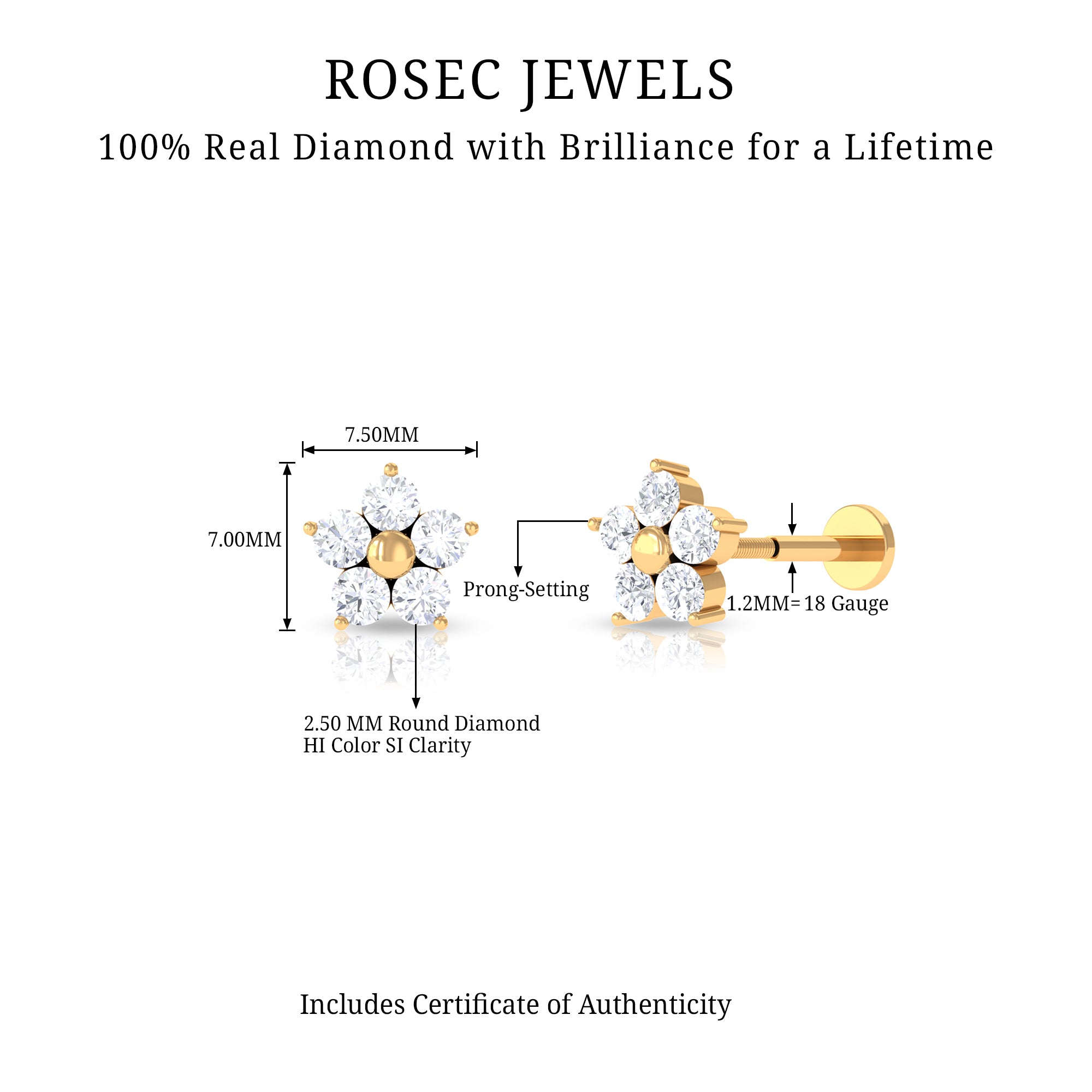 Nature Inspired Diamond Flower Earring for Tragus Piercing Natural - ( HI-SI ) - Rosec Jewels