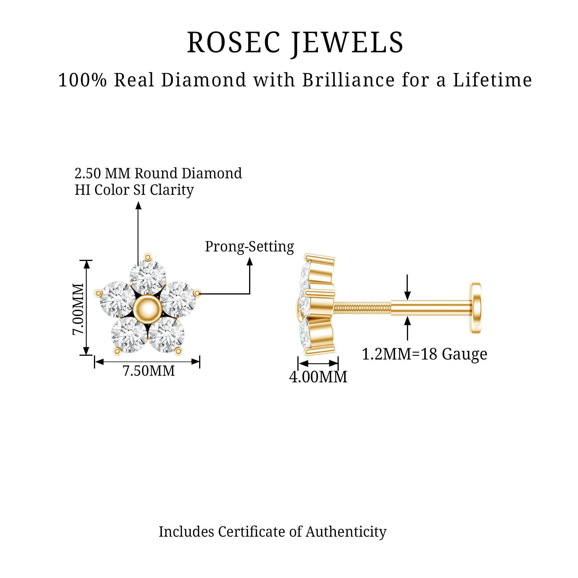 Nature Inspired Diamond Flower Earring for Tragus Piercing Natural - ( HI-SI ) - Rosec Jewels