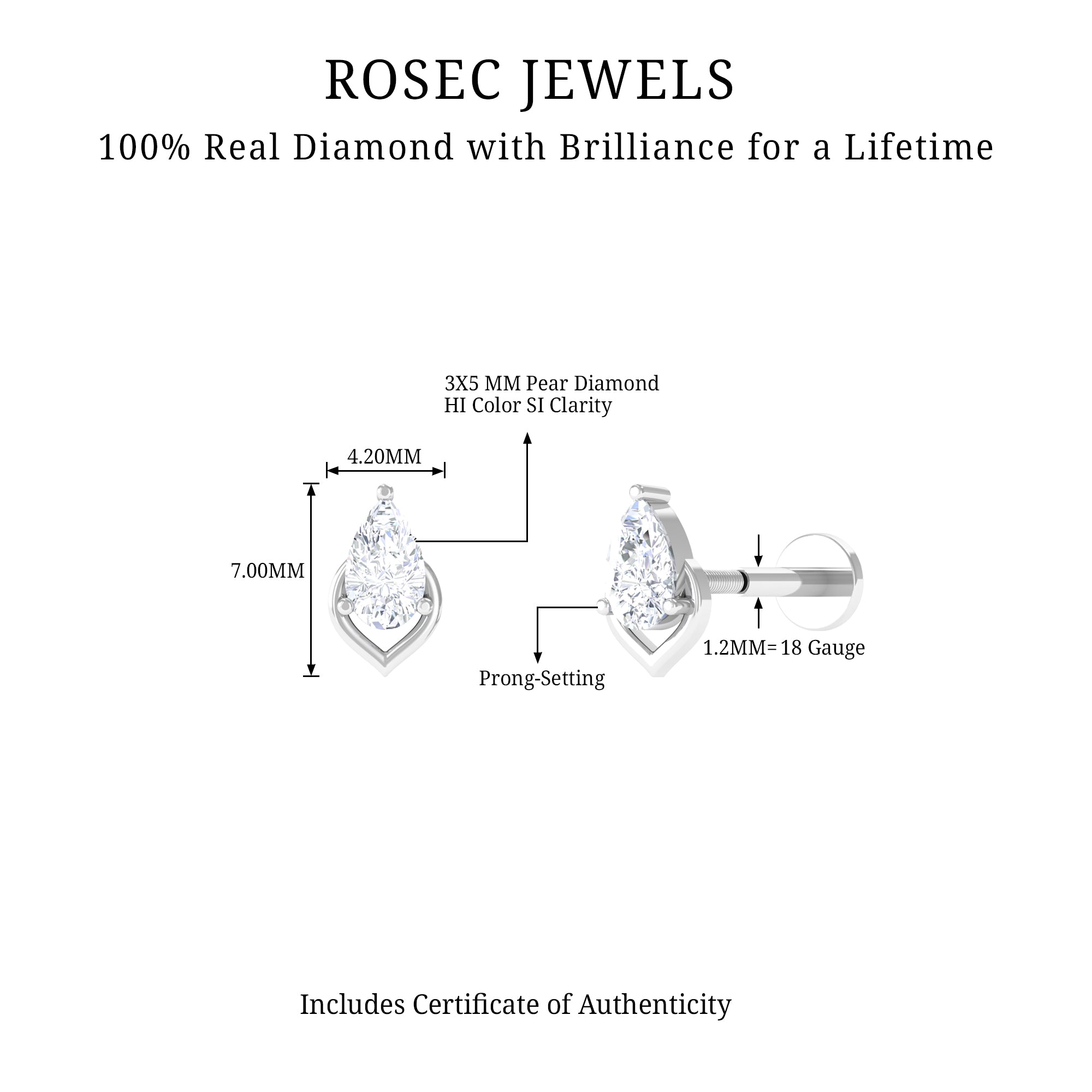 Pear Shape Diamond Solitaire Earring for Helix Piercing Natural - ( HI-SI ) - Rosec Jewels