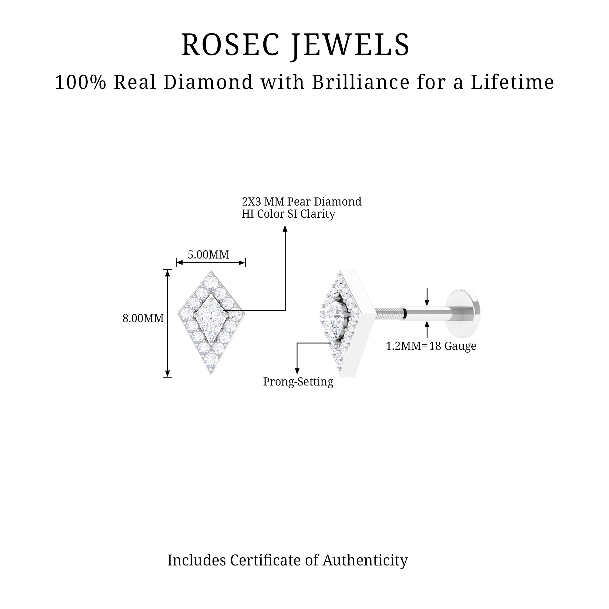 Modern Kite Shape Diamond Helix Earring Natural - ( HI-SI ) - Rosec Jewels
